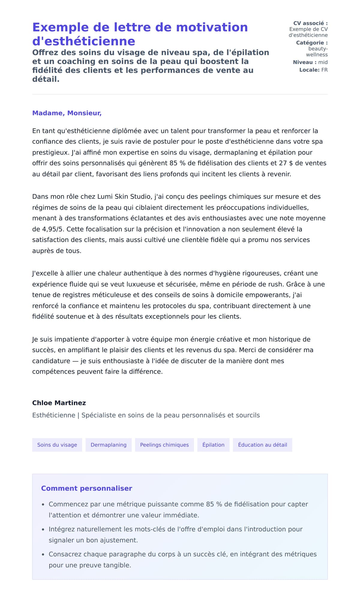 Aperçu de la lettre de motivation pour Exemple de lettre de motivation d'esthéticienne