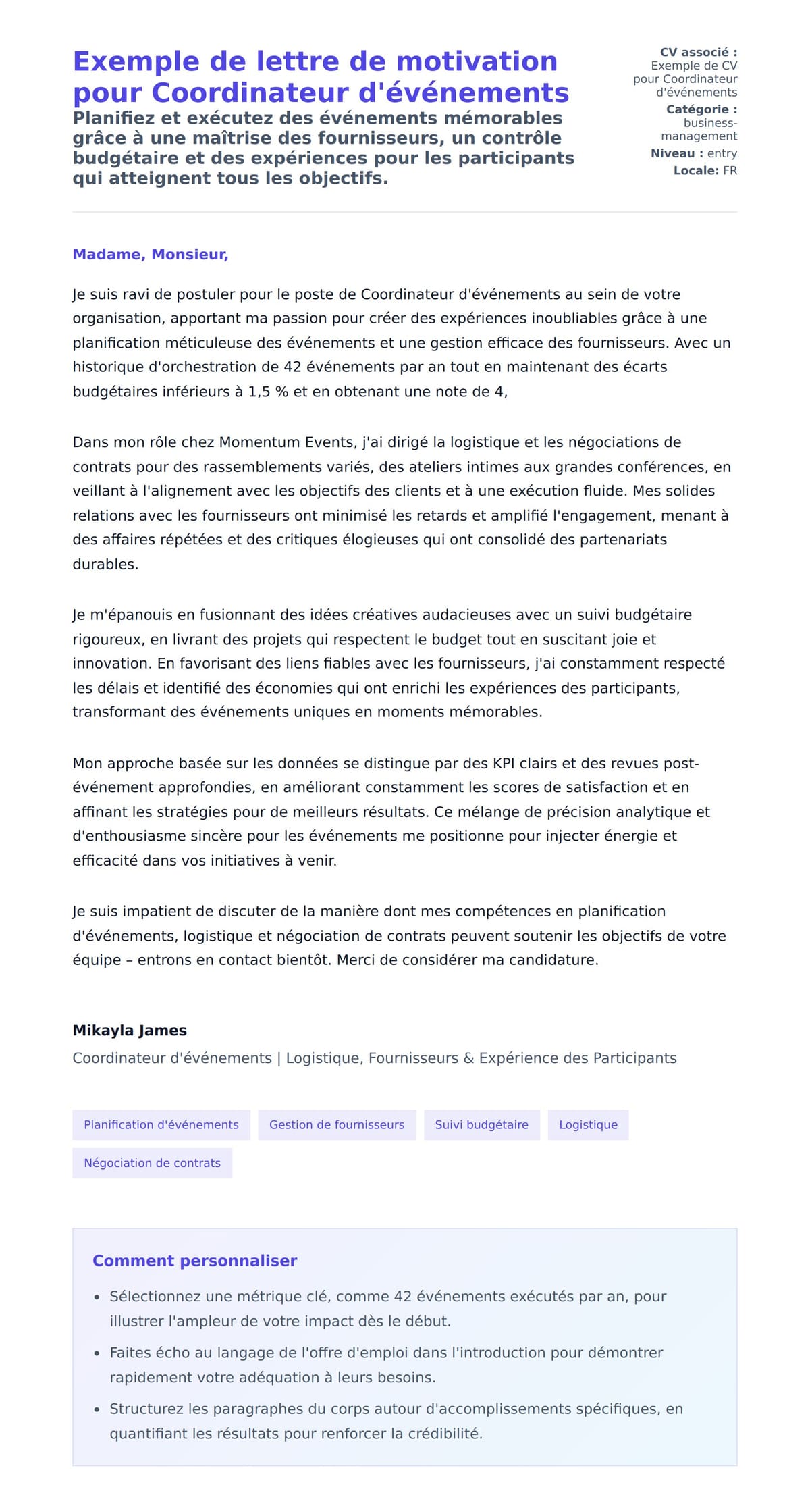 Aperçu de la lettre de motivation pour Exemple de lettre de motivation pour Coordinateur d'événements