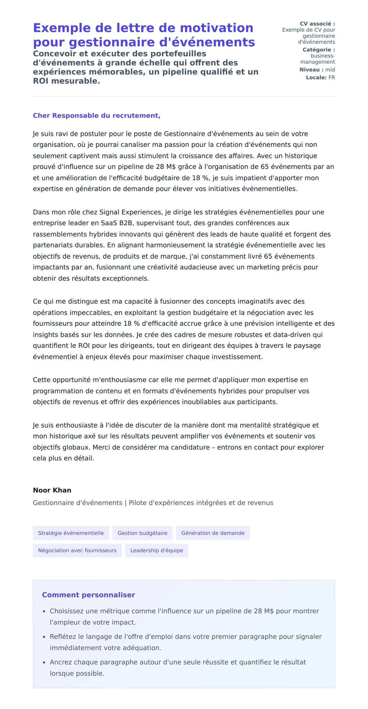 Aperçu de la lettre de motivation pour Exemple de lettre de motivation pour gestionnaire d'événements