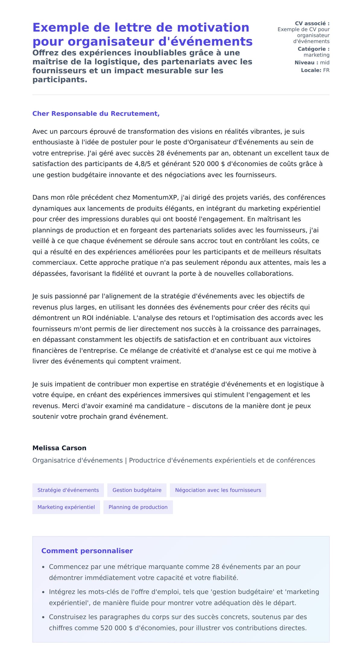 Aperçu de la lettre de motivation pour Exemple de lettre de motivation pour organisateur d'événements