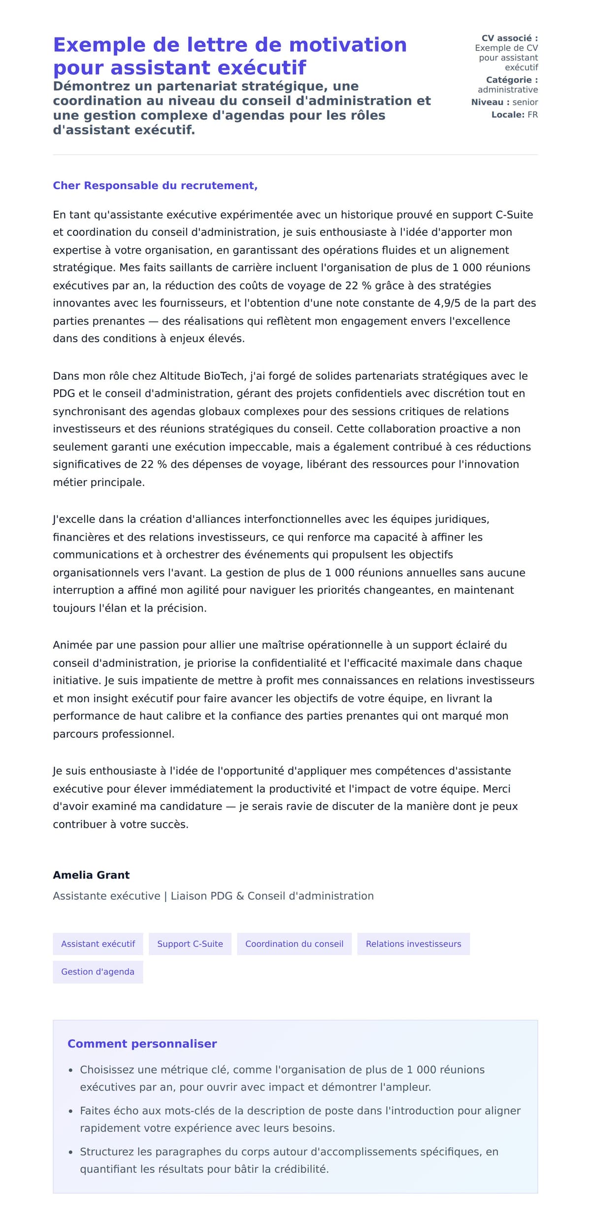Aperçu de la lettre de motivation pour Exemple de lettre de motivation pour assistant exécutif