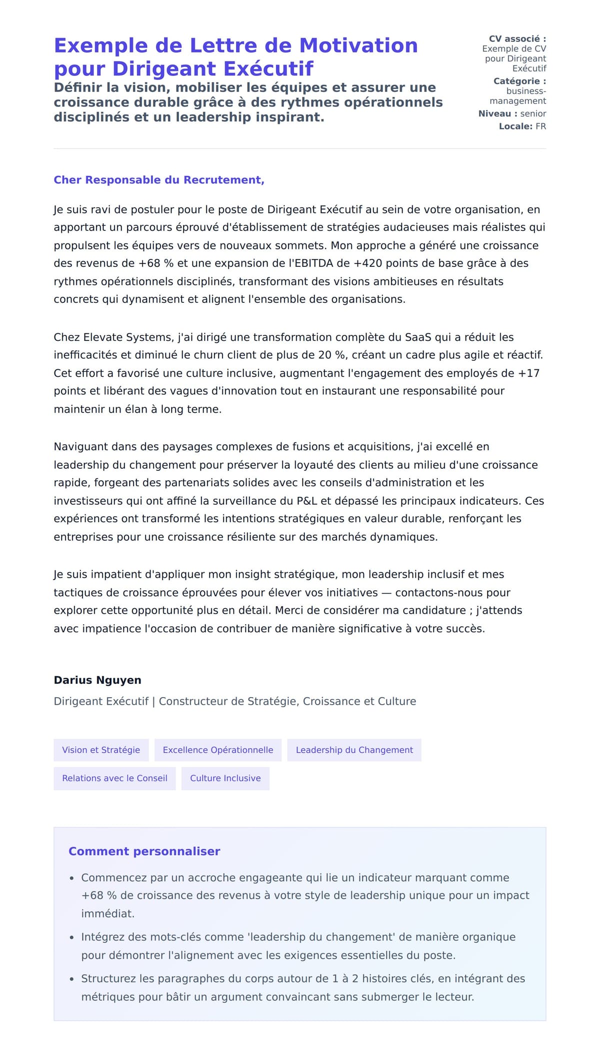 Aperçu de la lettre de motivation pour Exemple de Lettre de Motivation pour Dirigeant Exécutif