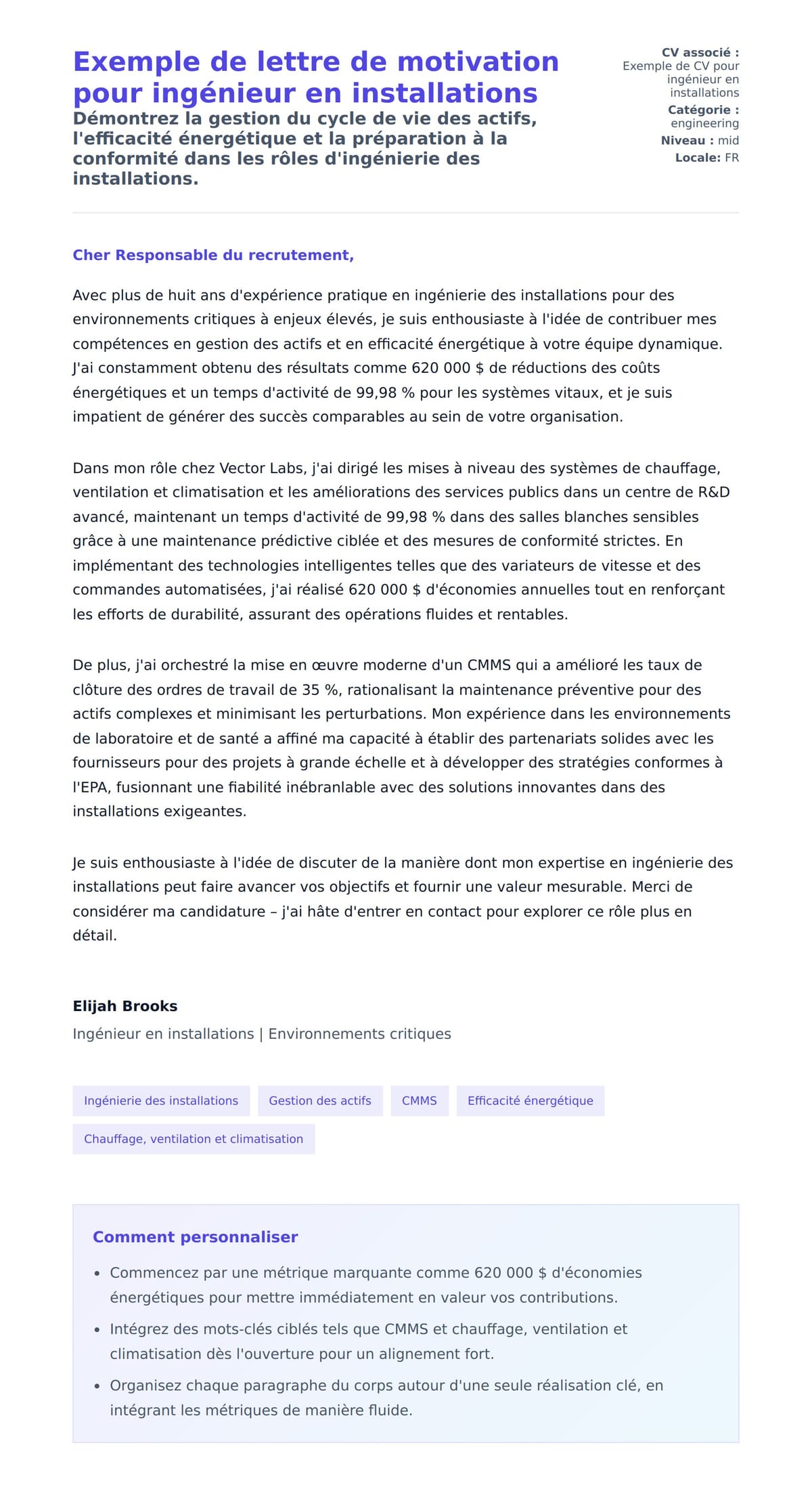 Aperçu de la lettre de motivation pour Exemple de lettre de motivation pour ingénieur en installations