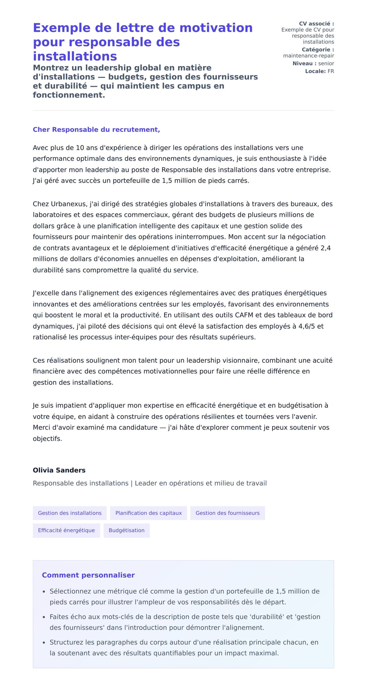Aperçu de la lettre de motivation pour Exemple de lettre de motivation pour responsable des installations