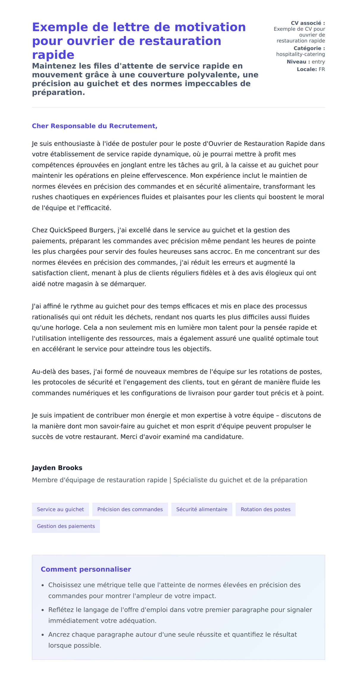 Aperçu de la lettre de motivation pour Exemple de lettre de motivation pour ouvrier de restauration rapide