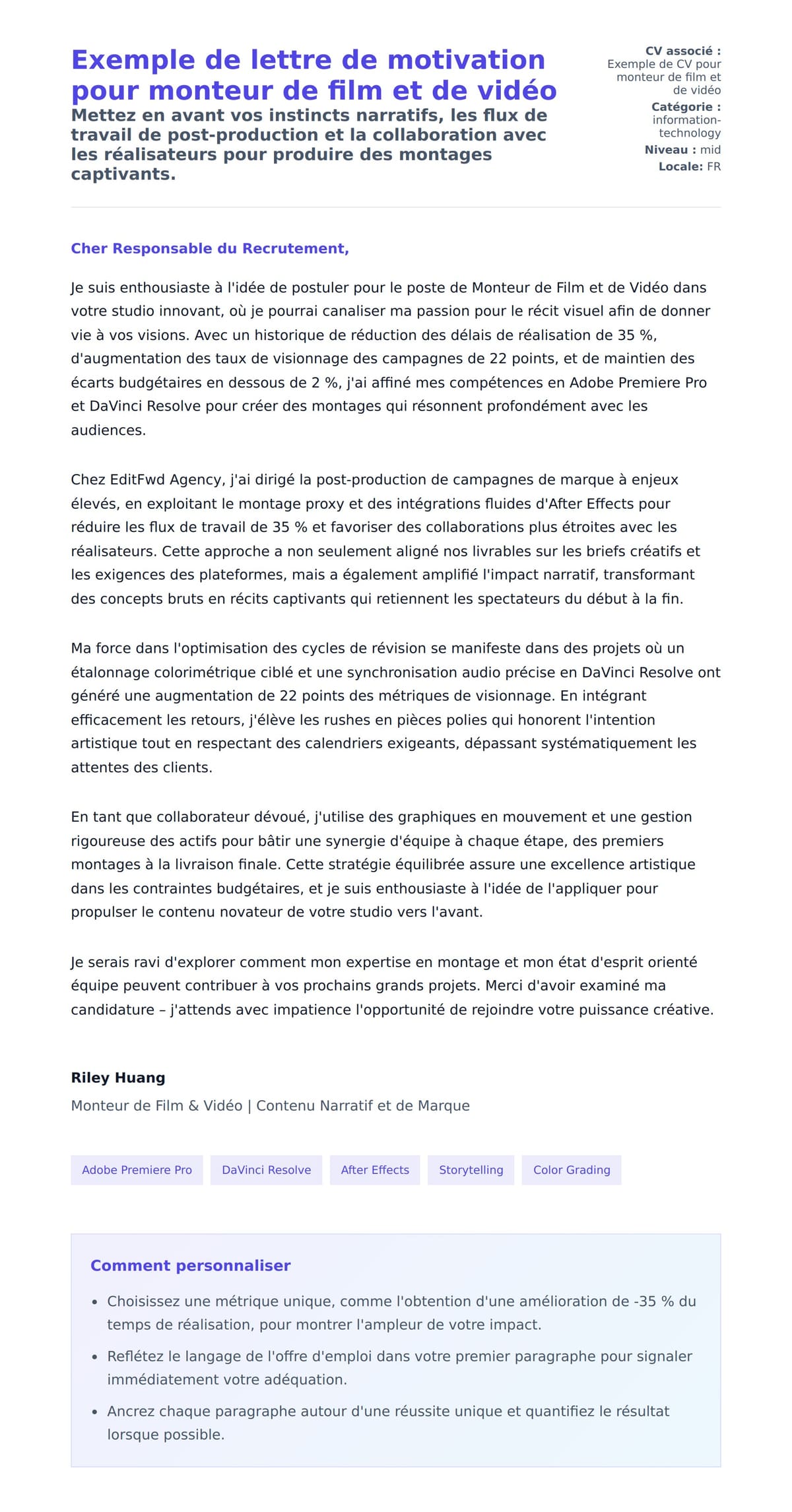 Aperçu de la lettre de motivation pour Exemple de lettre de motivation pour monteur de film et de vidéo