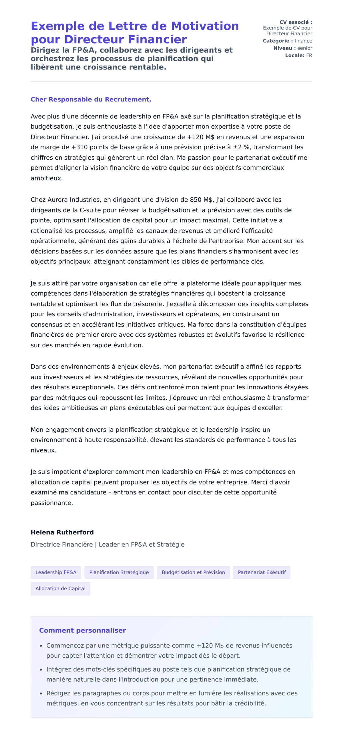 Aperçu de la lettre de motivation pour Exemple de Lettre de Motivation pour Directeur Financier