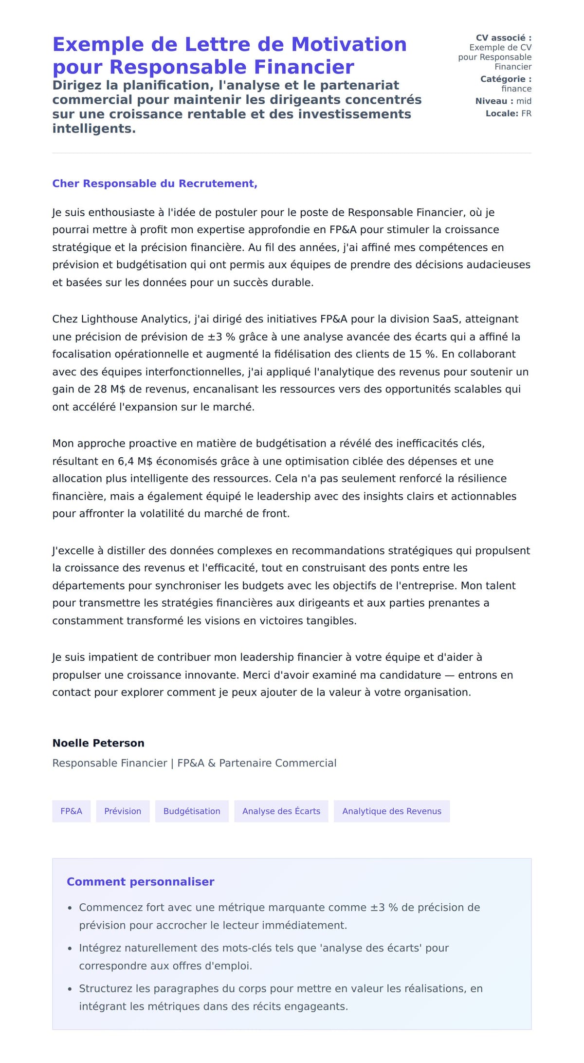 Aperçu de la lettre de motivation pour Exemple de Lettre de Motivation pour Responsable Financier