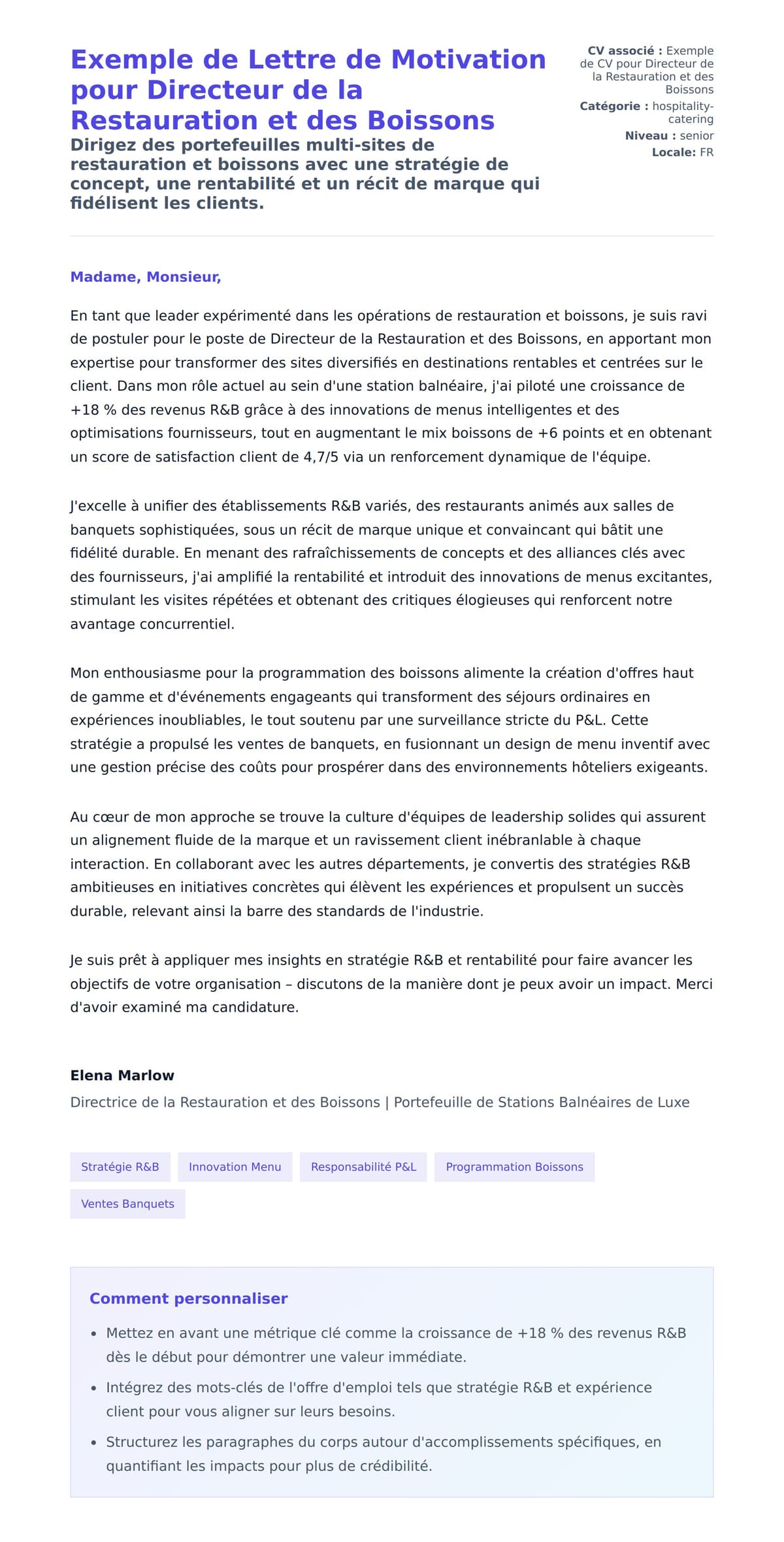 Aperçu de la lettre de motivation pour Exemple de Lettre de Motivation pour Directeur de la Restauration et des Boissons