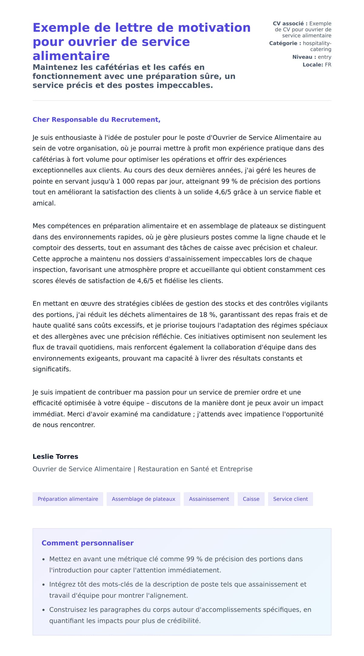 Aperçu de la lettre de motivation pour Exemple de lettre de motivation pour ouvrier de service alimentaire