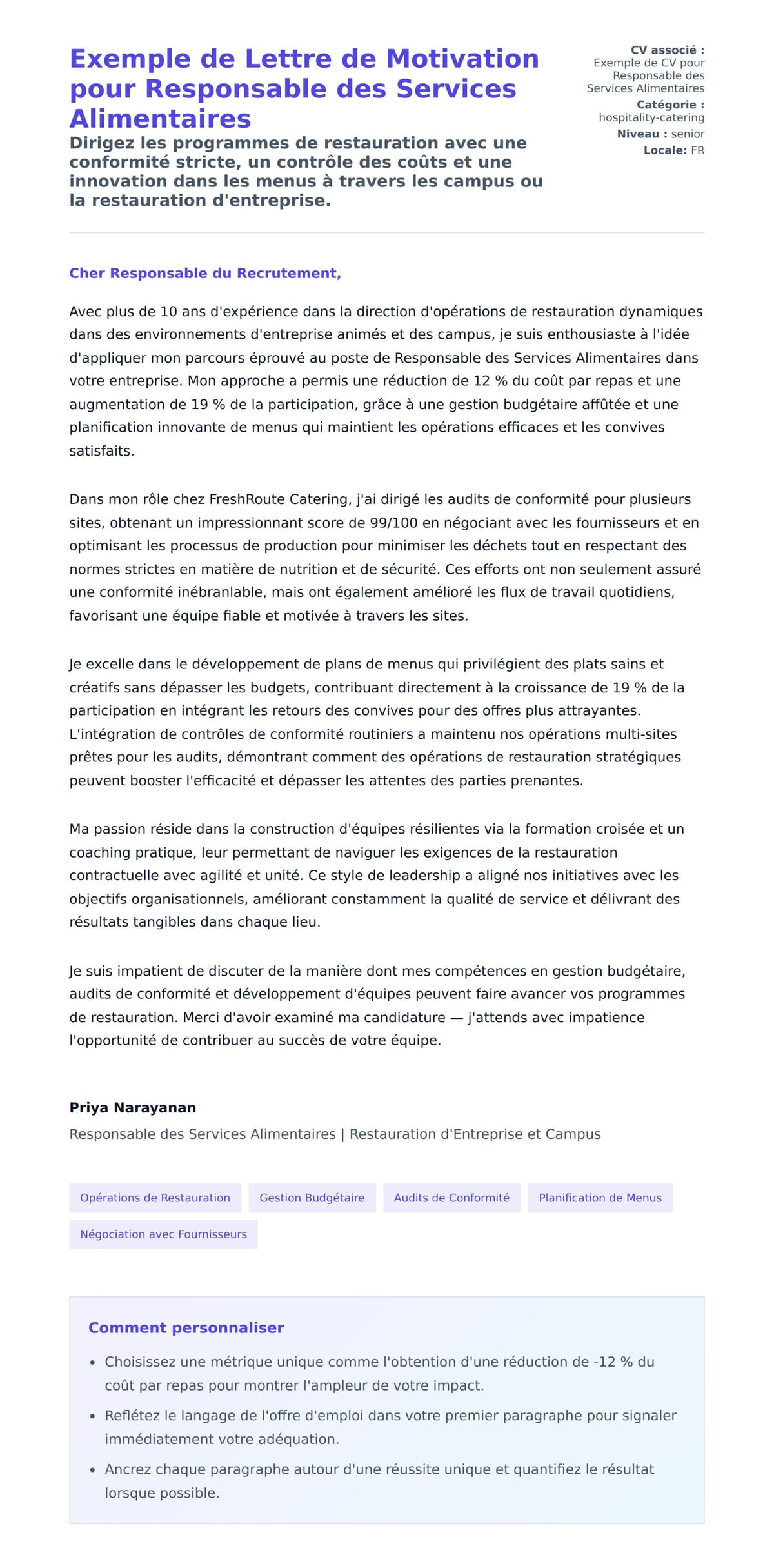 Aperçu de la lettre de motivation pour Exemple de Lettre de Motivation pour Responsable des Services Alimentaires