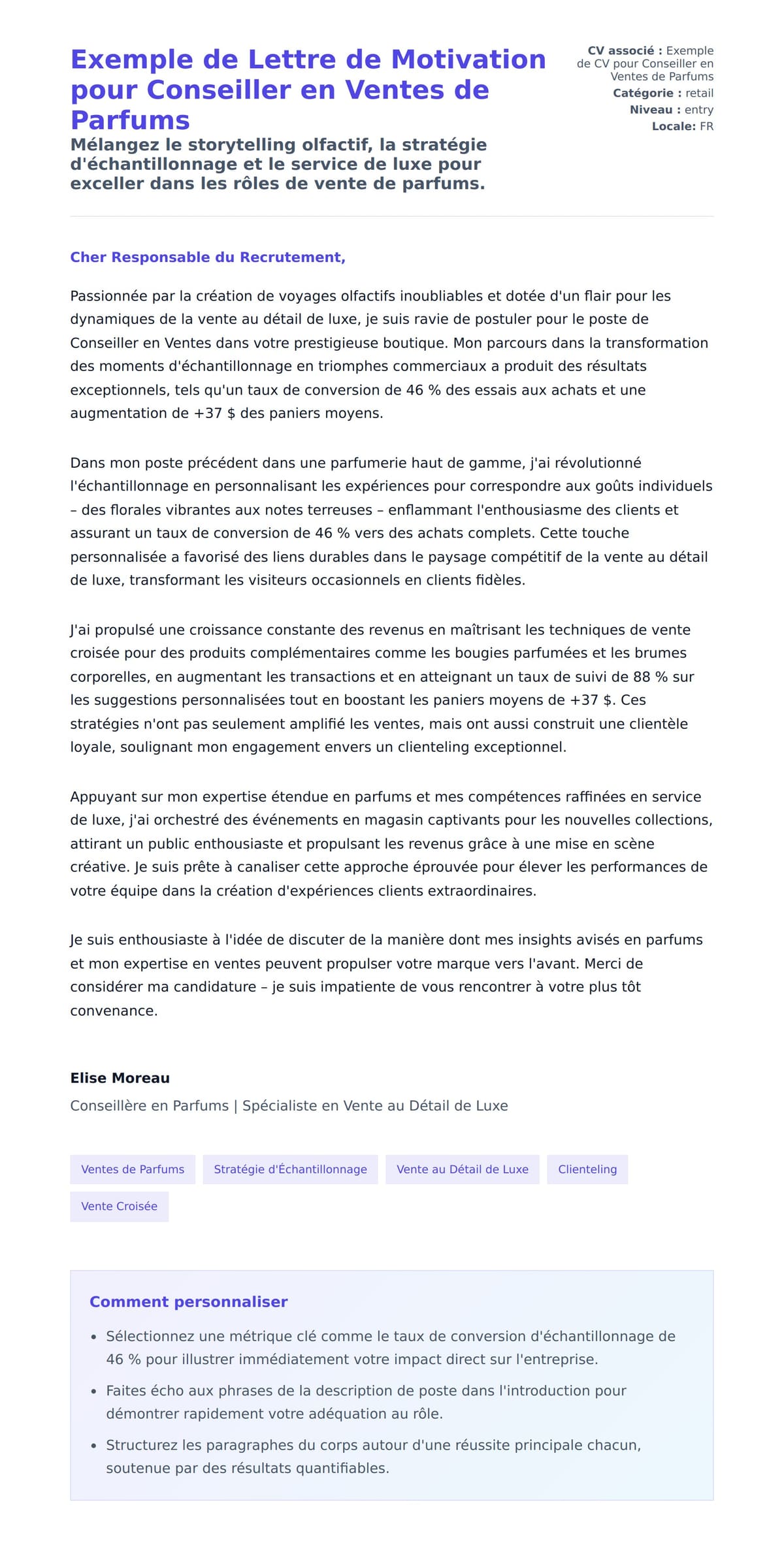 Aperçu de la lettre de motivation pour Exemple de Lettre de Motivation pour Conseiller en Ventes de Parfums
