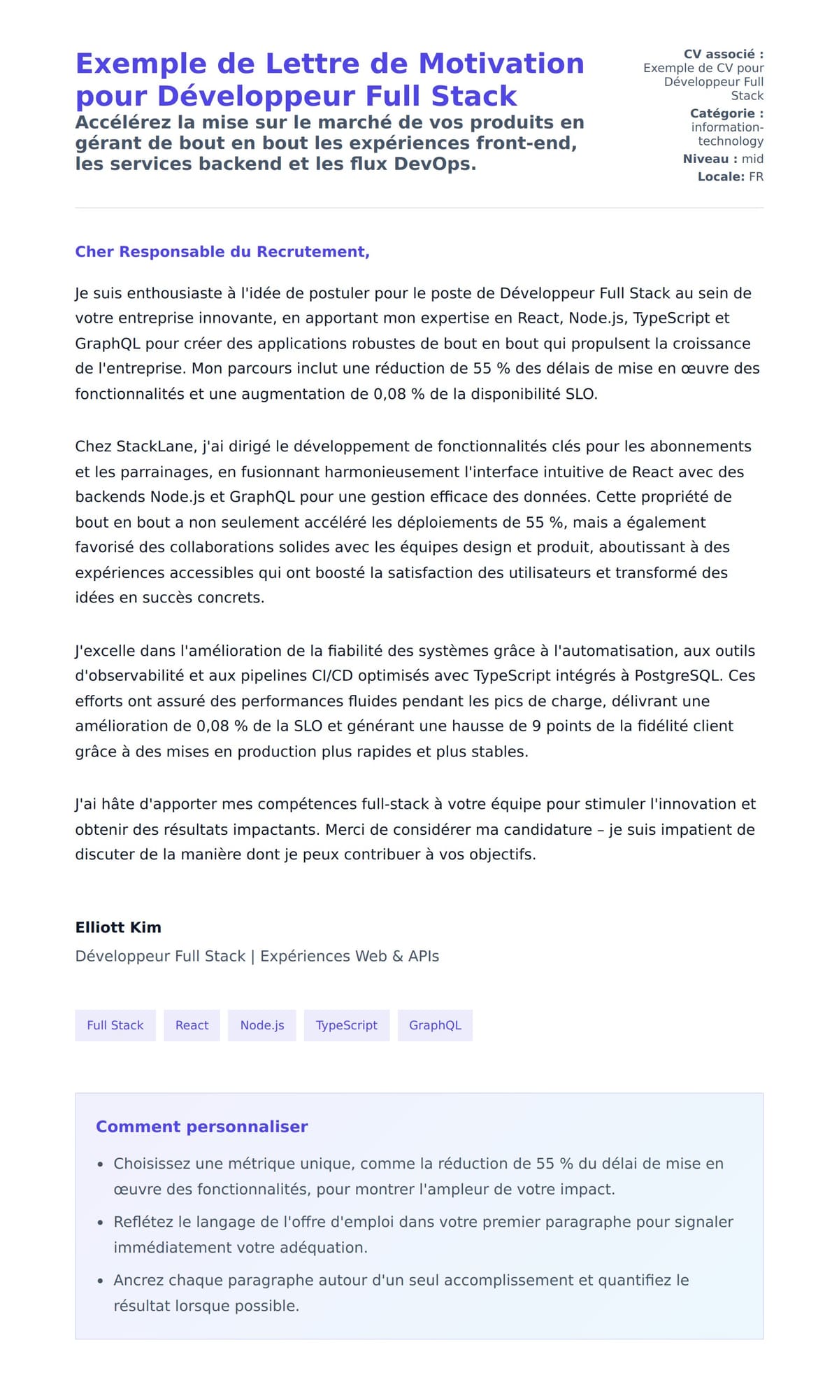 Aperçu de la lettre de motivation pour Exemple de Lettre de Motivation pour Développeur Full Stack