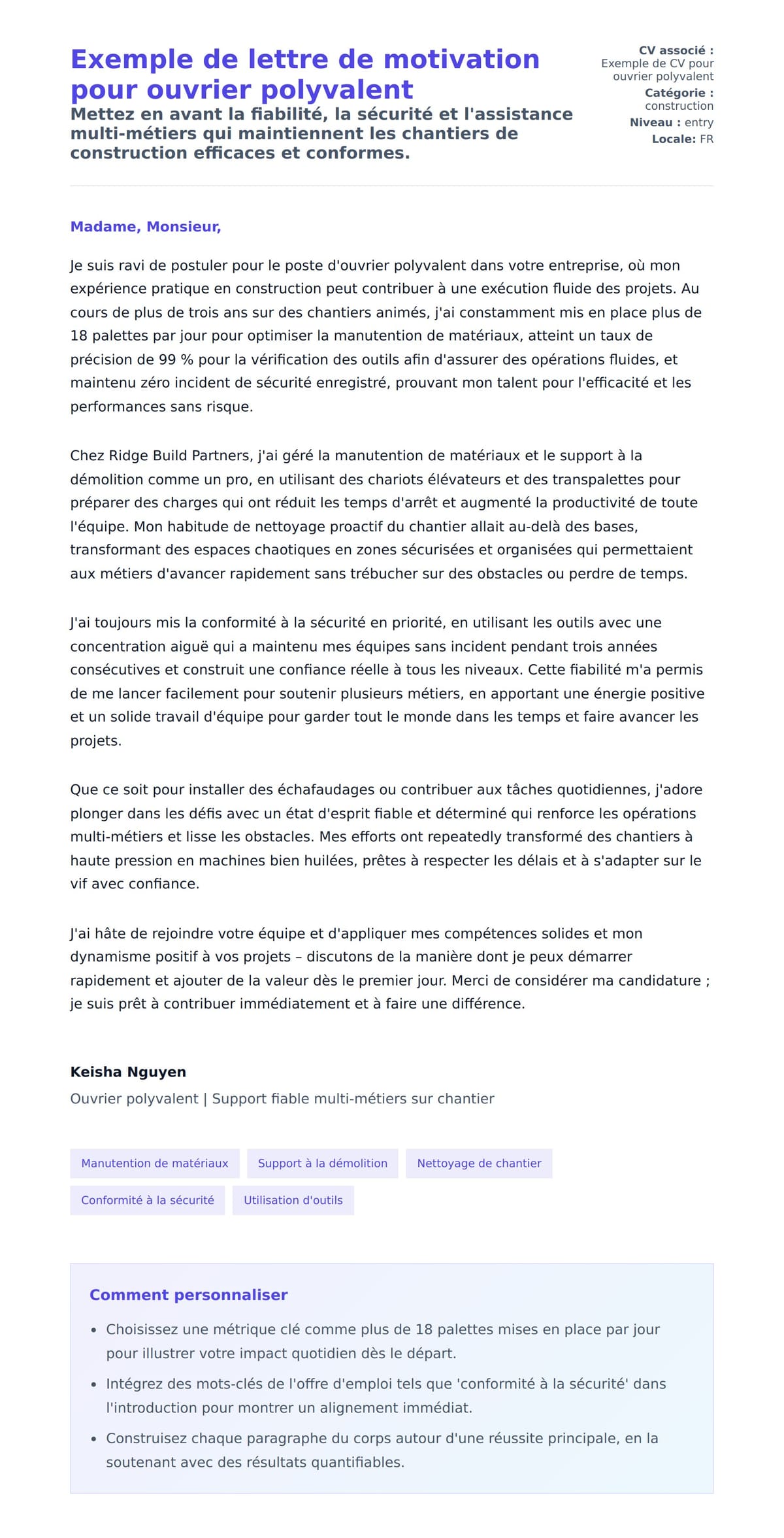 Aperçu de la lettre de motivation pour Exemple de lettre de motivation pour ouvrier polyvalent