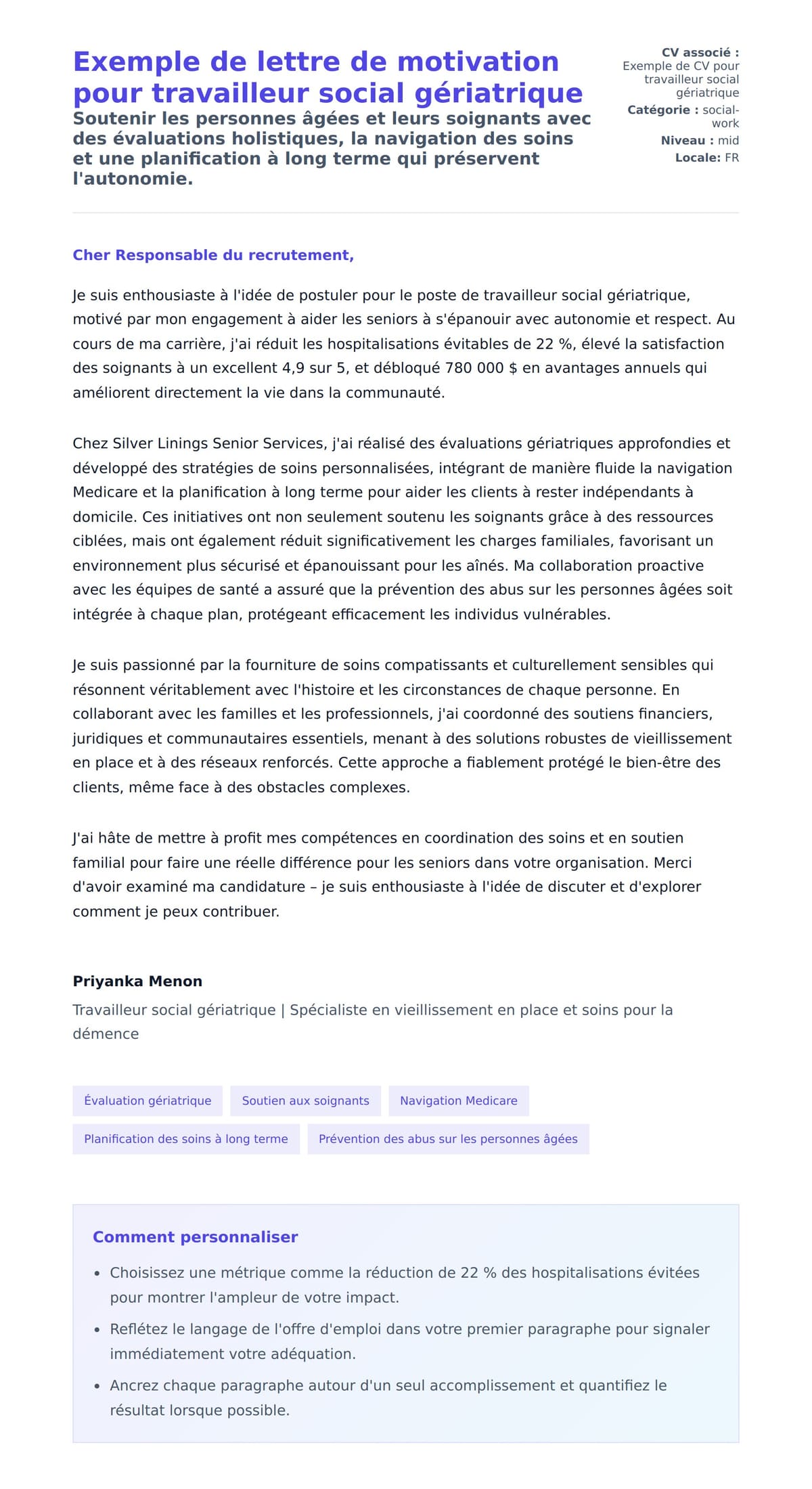 Aperçu de la lettre de motivation pour Exemple de lettre de motivation pour travailleur social gériatrique