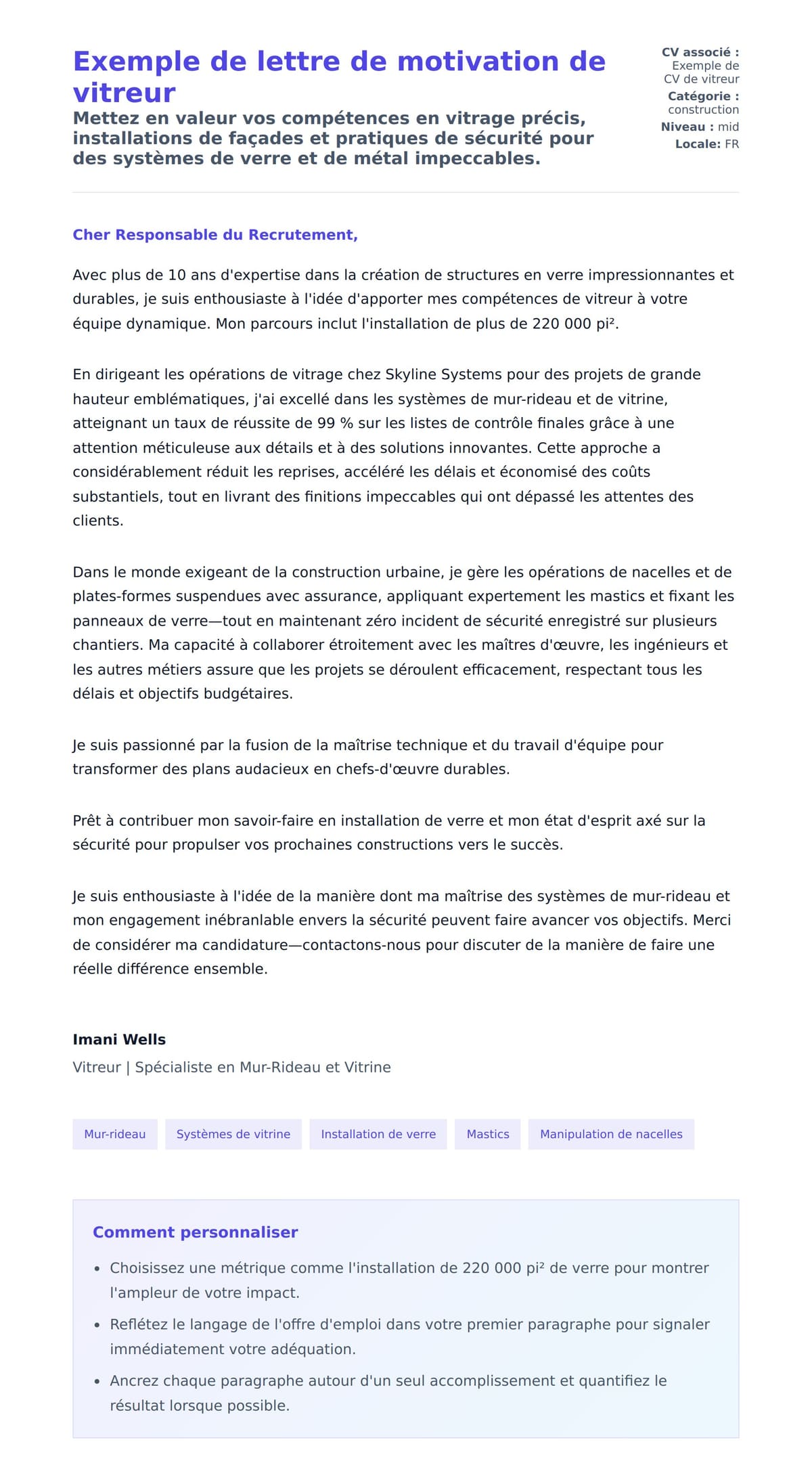Aperçu de la lettre de motivation pour Exemple de lettre de motivation de vitreur