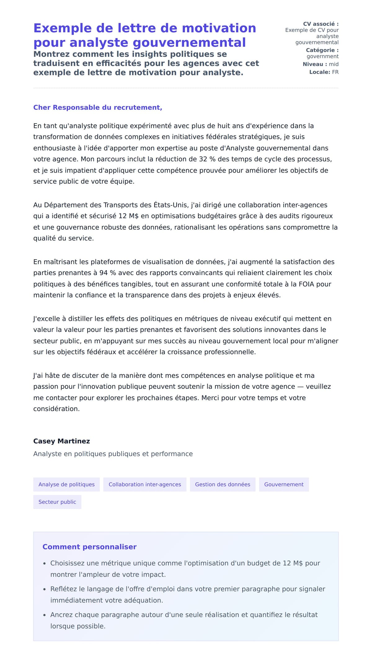 Aperçu de la lettre de motivation pour Exemple de lettre de motivation pour analyste gouvernemental