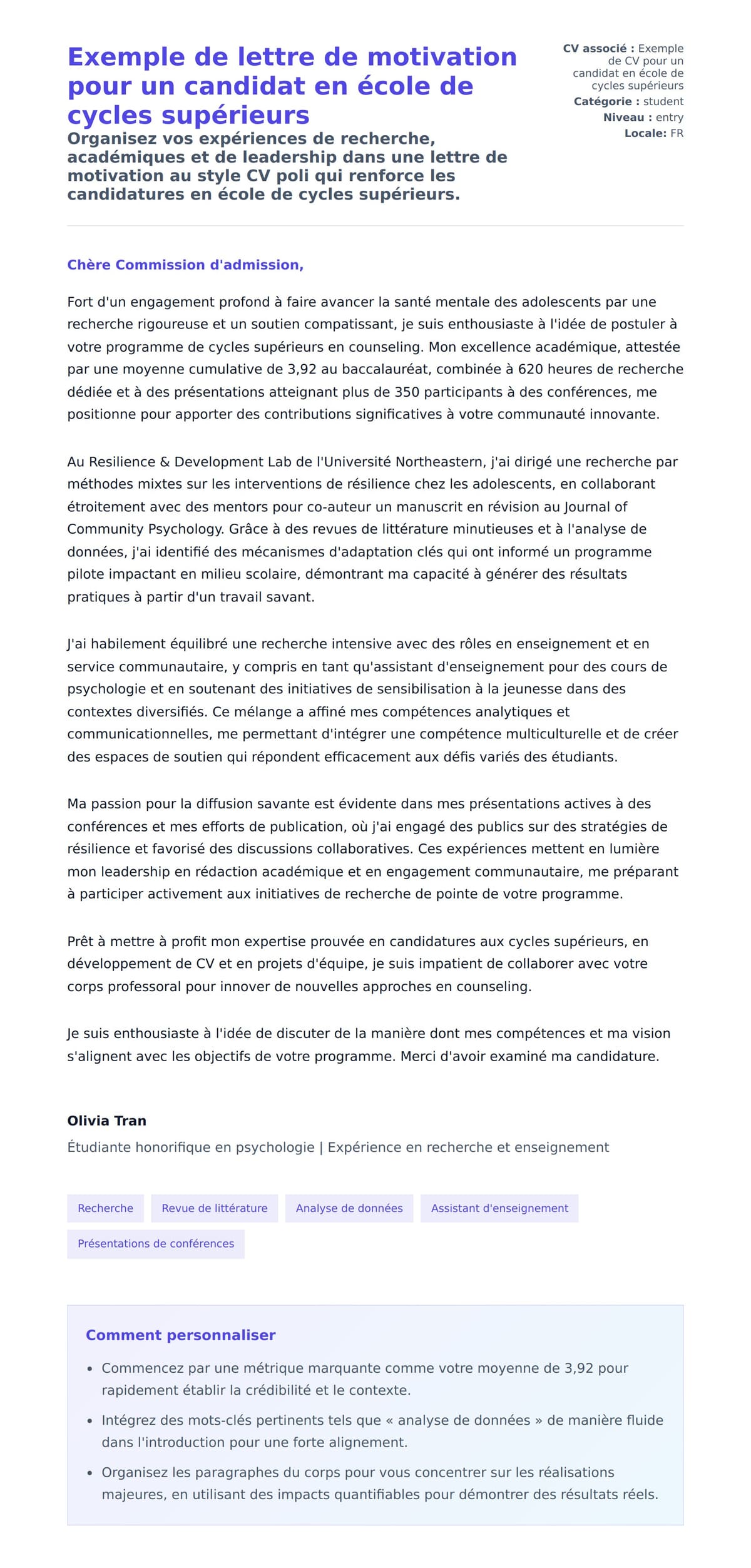 Aperçu de la lettre de motivation pour Exemple de lettre de motivation pour un candidat en école de cycles supérieurs