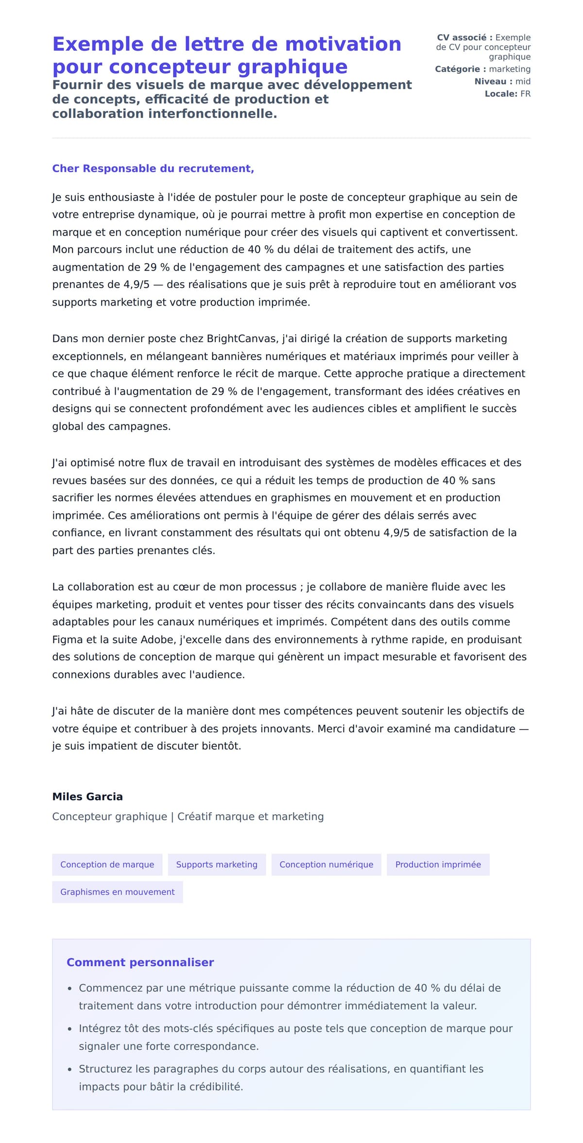 Aperçu de la lettre de motivation pour Exemple de lettre de motivation pour concepteur graphique