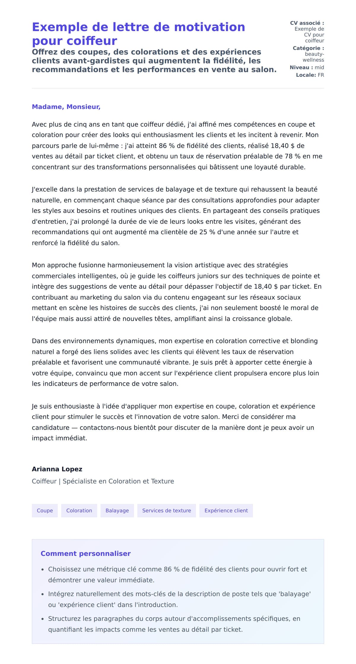 Aperçu de la lettre de motivation pour Exemple de lettre de motivation pour coiffeur