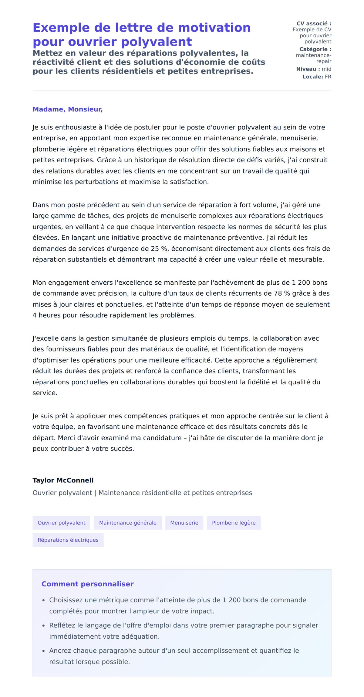 Aperçu de la lettre de motivation pour Exemple de lettre de motivation pour ouvrier polyvalent