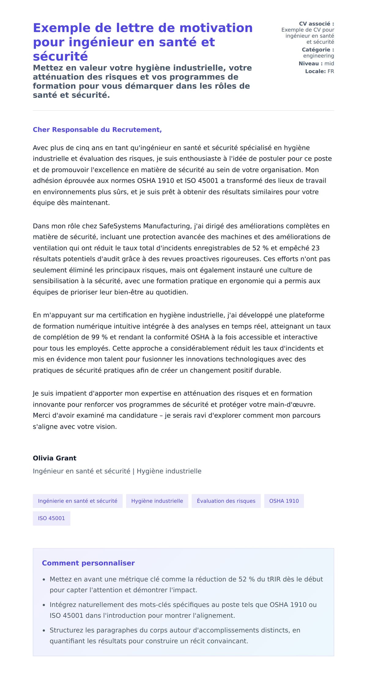 Aperçu de la lettre de motivation pour Exemple de lettre de motivation pour ingénieur en santé et sécurité