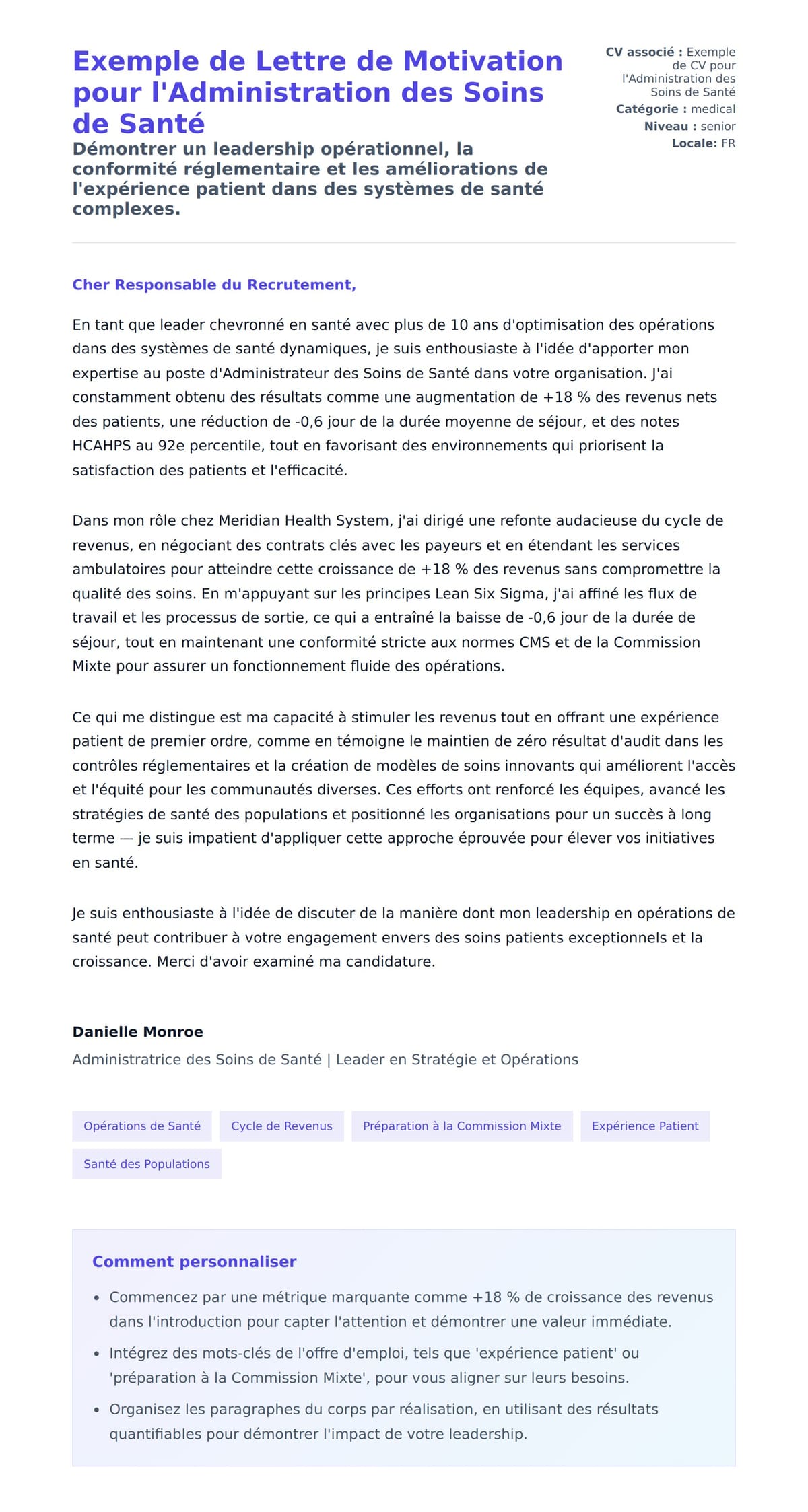 Aperçu de la lettre de motivation pour Exemple de Lettre de Motivation pour l'Administration des Soins de Santé