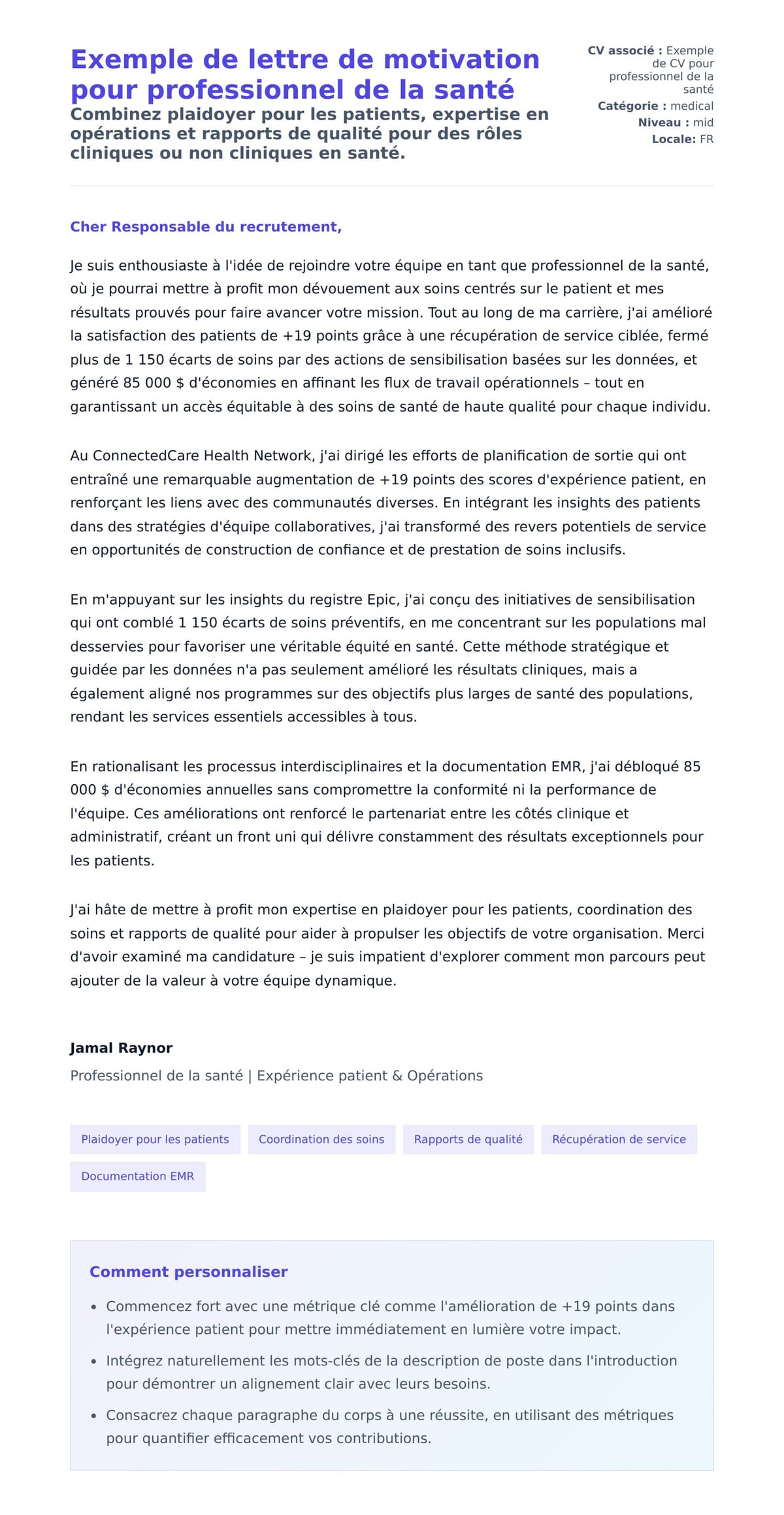 Aperçu de la lettre de motivation pour Exemple de lettre de motivation pour professionnel de la santé