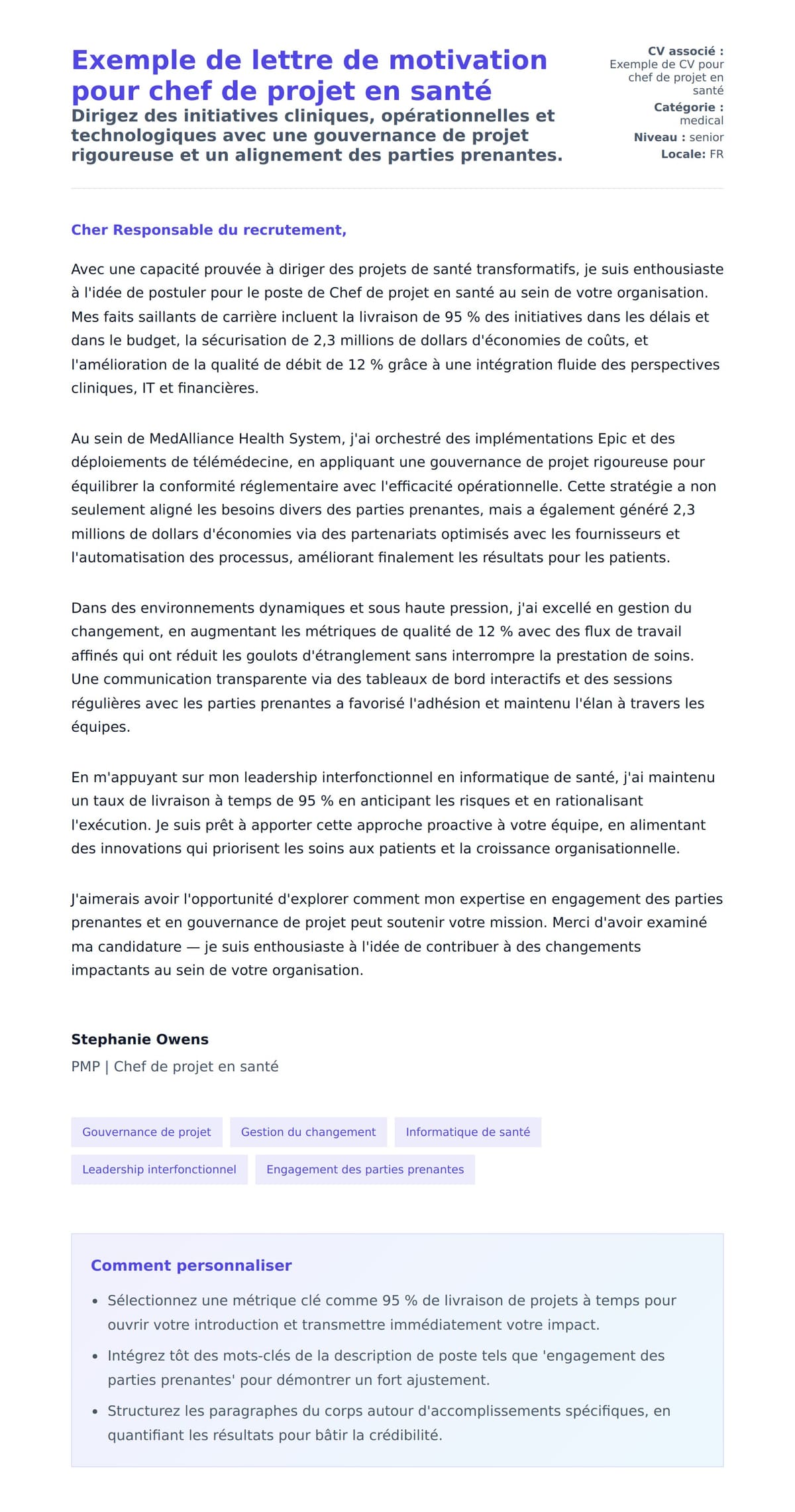 Aperçu de la lettre de motivation pour Exemple de lettre de motivation pour chef de projet en santé