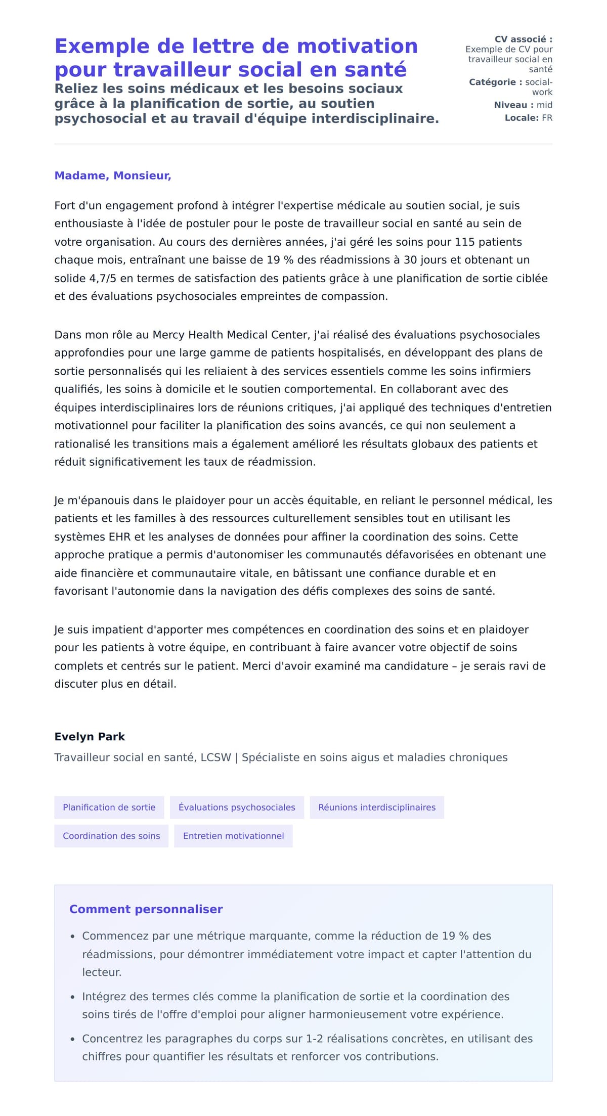 Aperçu de la lettre de motivation pour Exemple de lettre de motivation pour travailleur social en santé