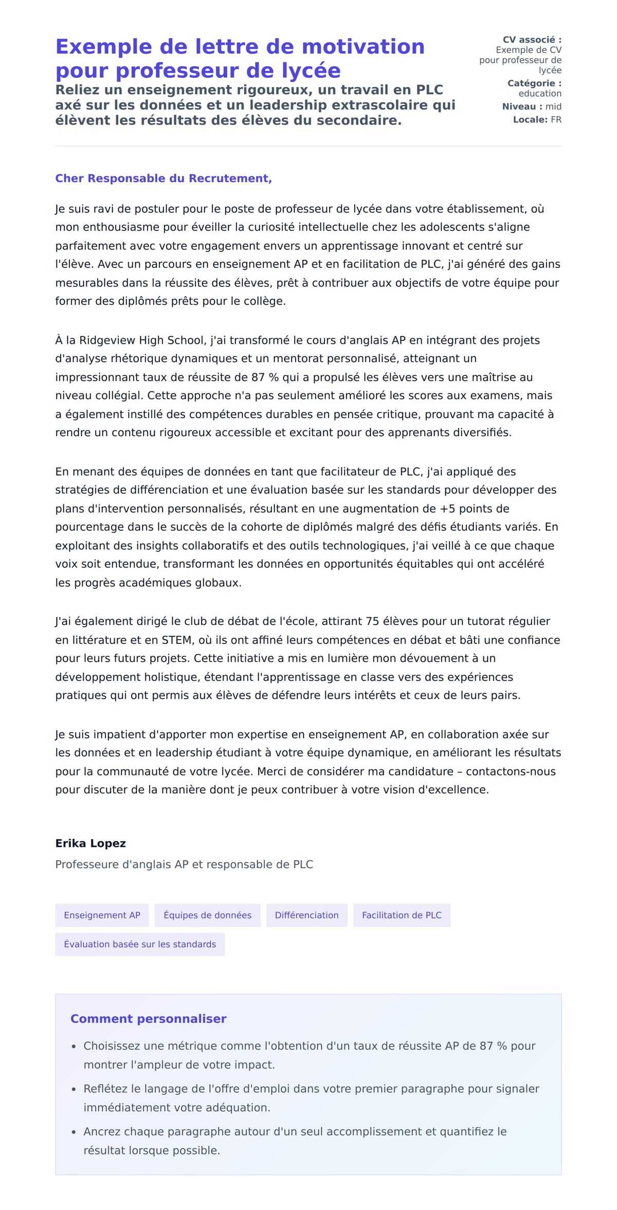 Aperçu de la lettre de motivation pour Exemple de lettre de motivation pour professeur de lycée