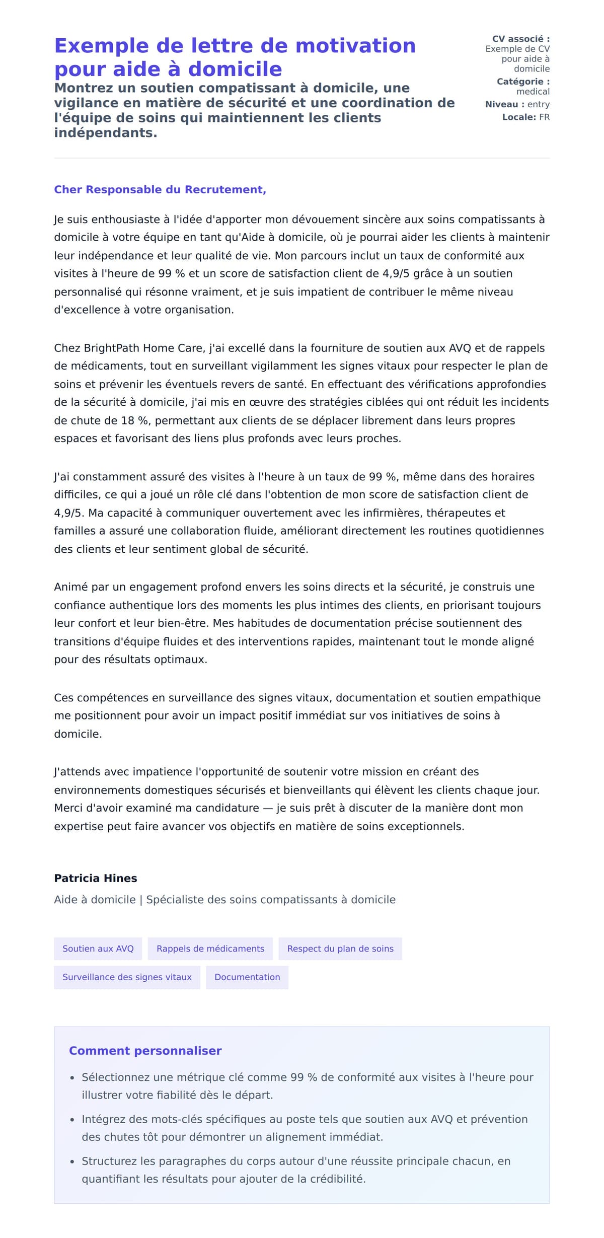 Aperçu de la lettre de motivation pour Exemple de lettre de motivation pour aide à domicile