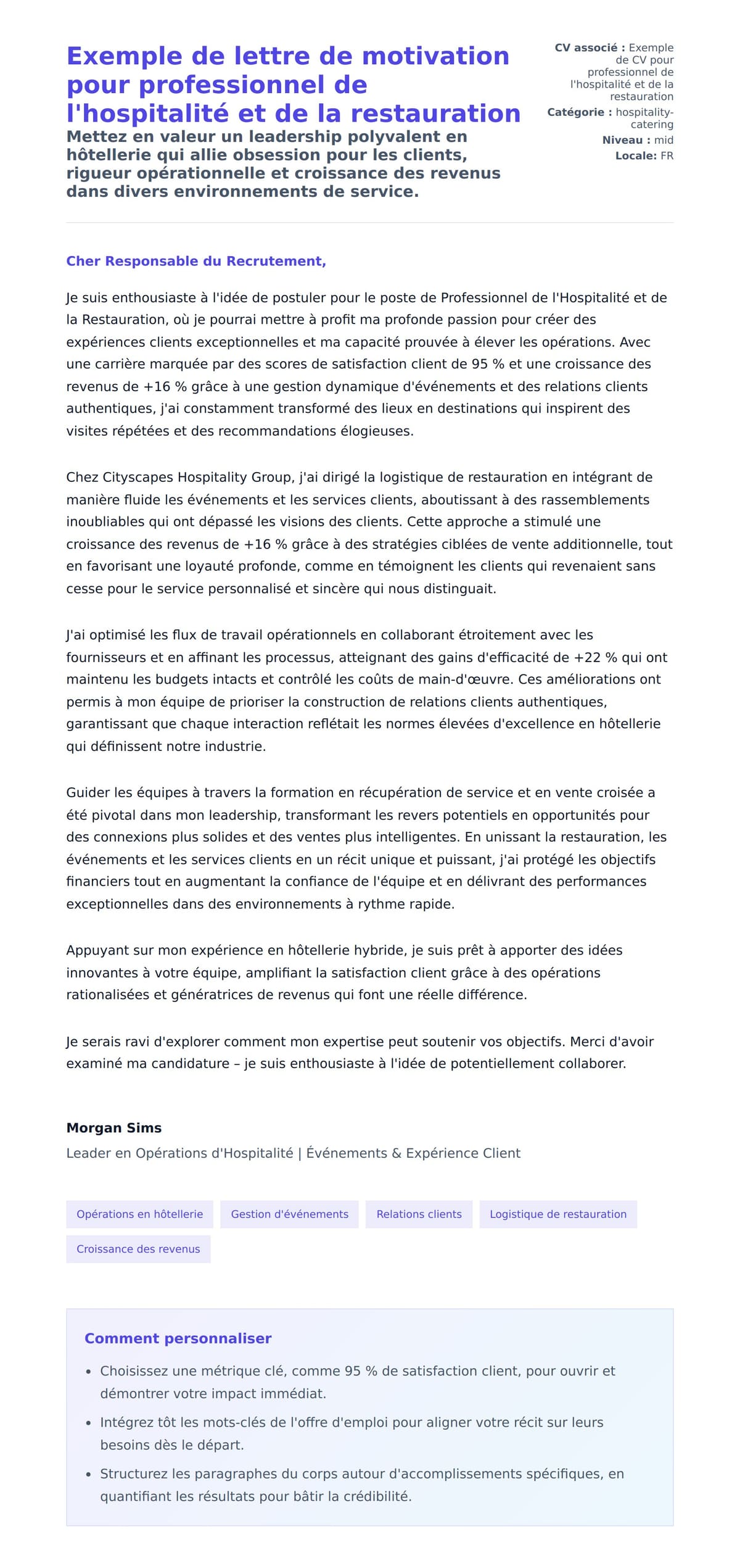 Aperçu de la lettre de motivation pour Exemple de lettre de motivation pour professionnel de l'hospitalité et de la restauration