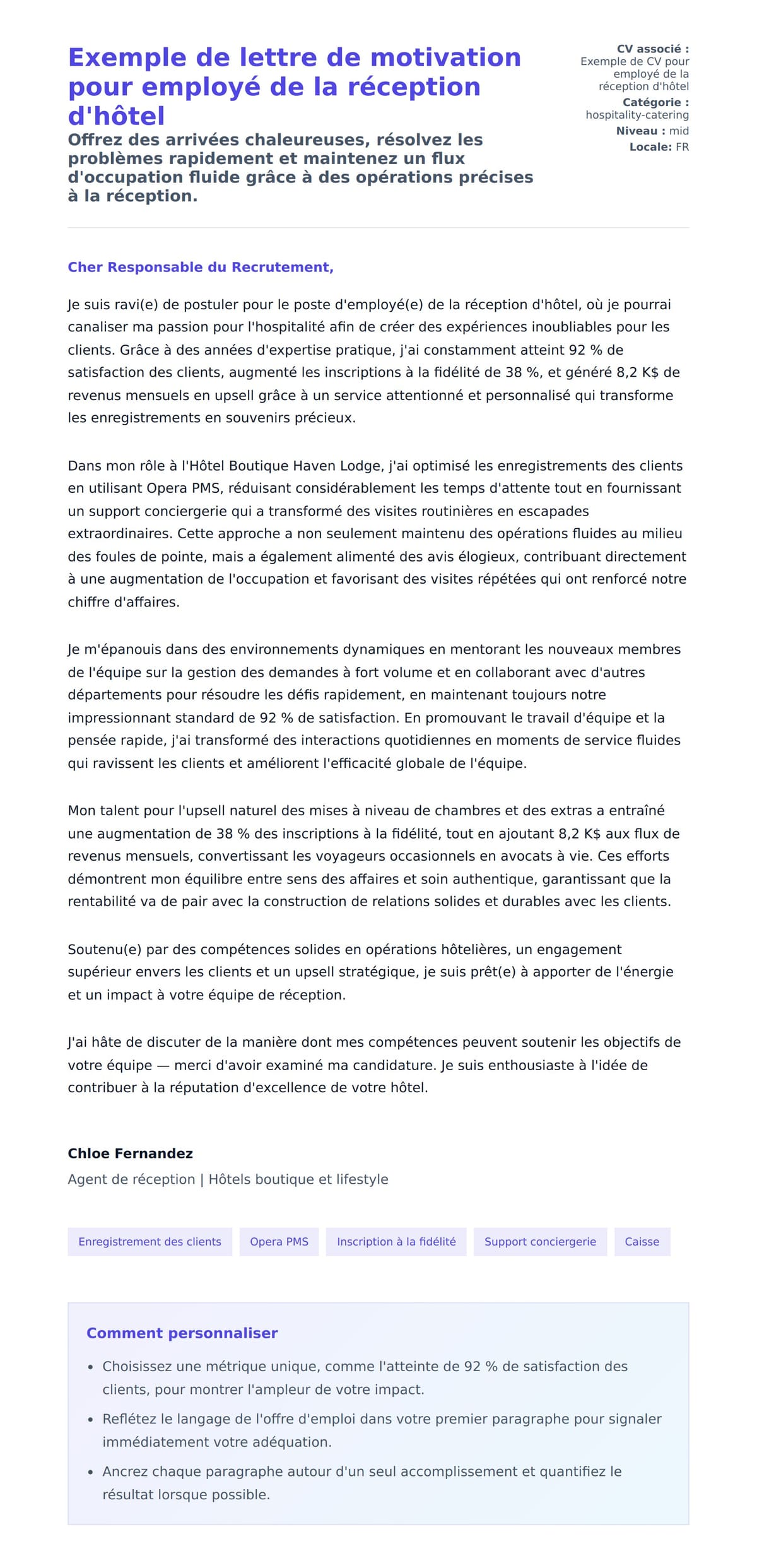 Aperçu de la lettre de motivation pour Exemple de lettre de motivation pour employé de la réception d'hôtel