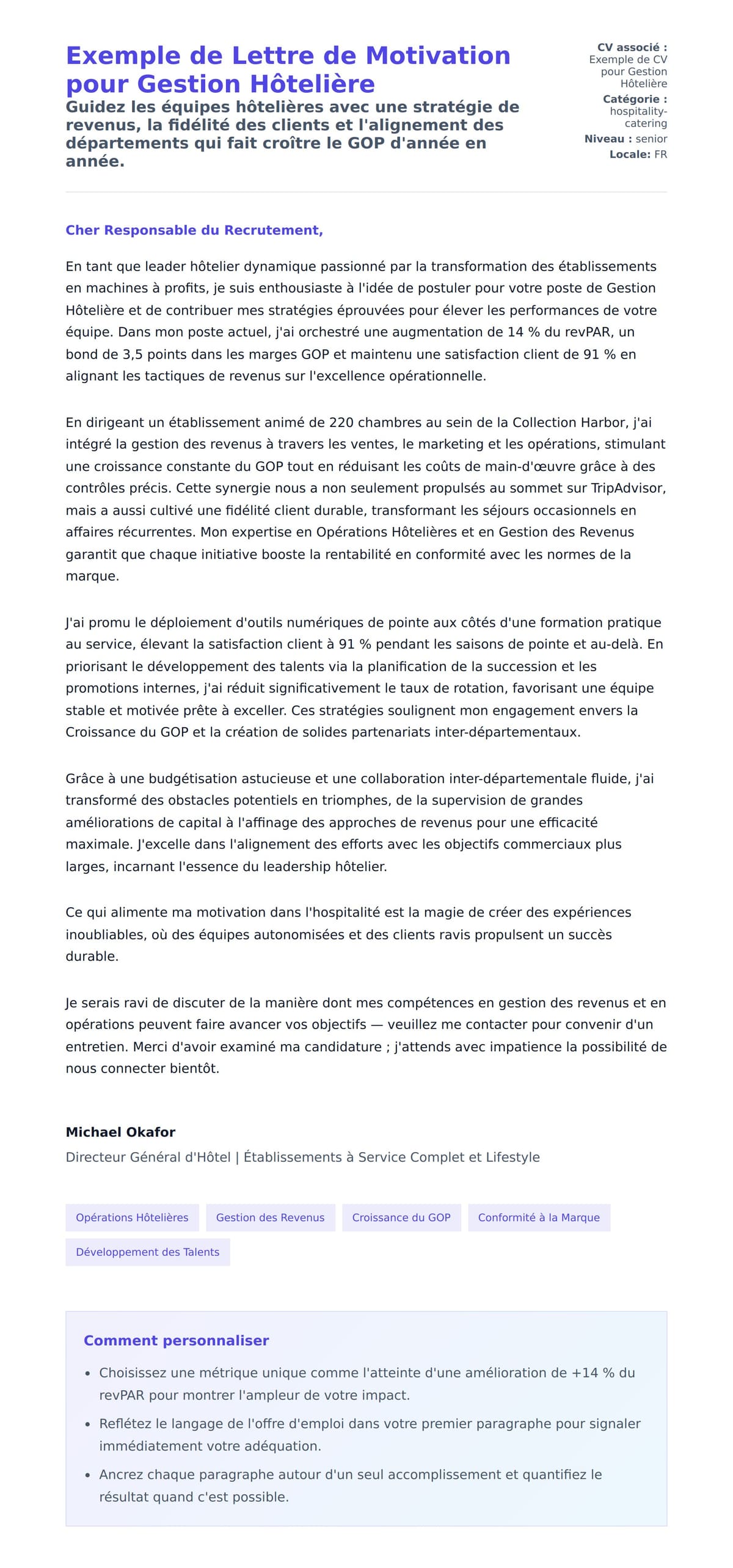Aperçu de la lettre de motivation pour Exemple de Lettre de Motivation pour Gestion Hôtelière