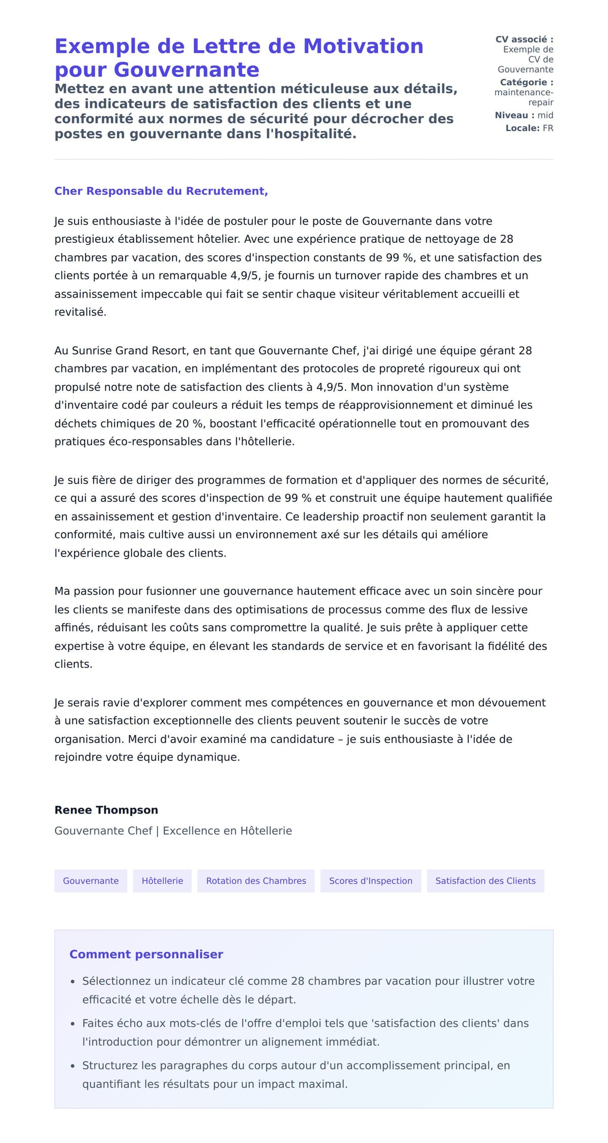 Aperçu de la lettre de motivation pour Exemple de Lettre de Motivation pour Gouvernante