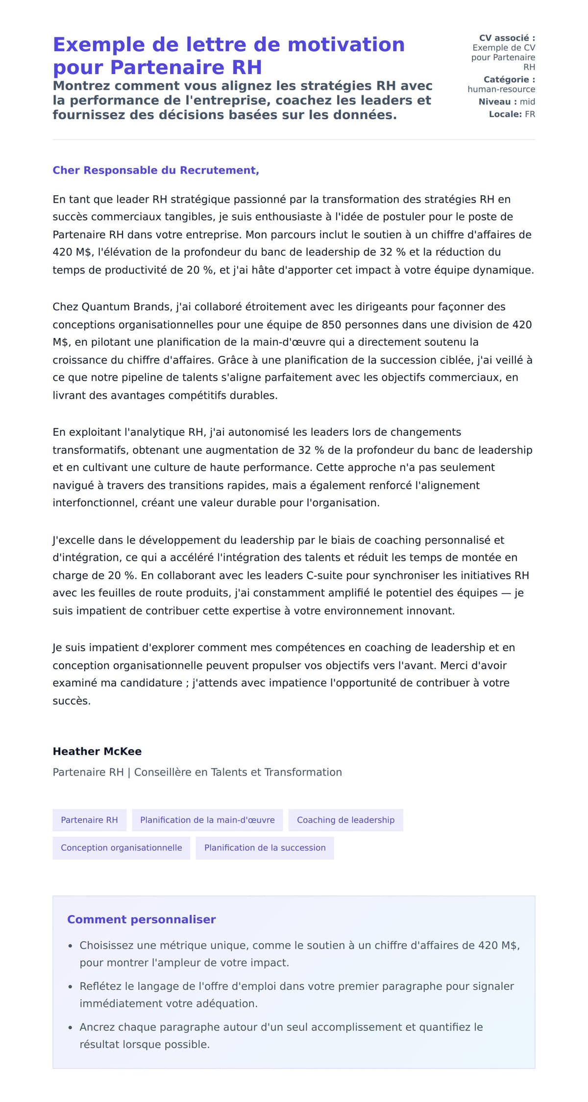 Aperçu de la lettre de motivation pour Exemple de lettre de motivation pour Partenaire RH