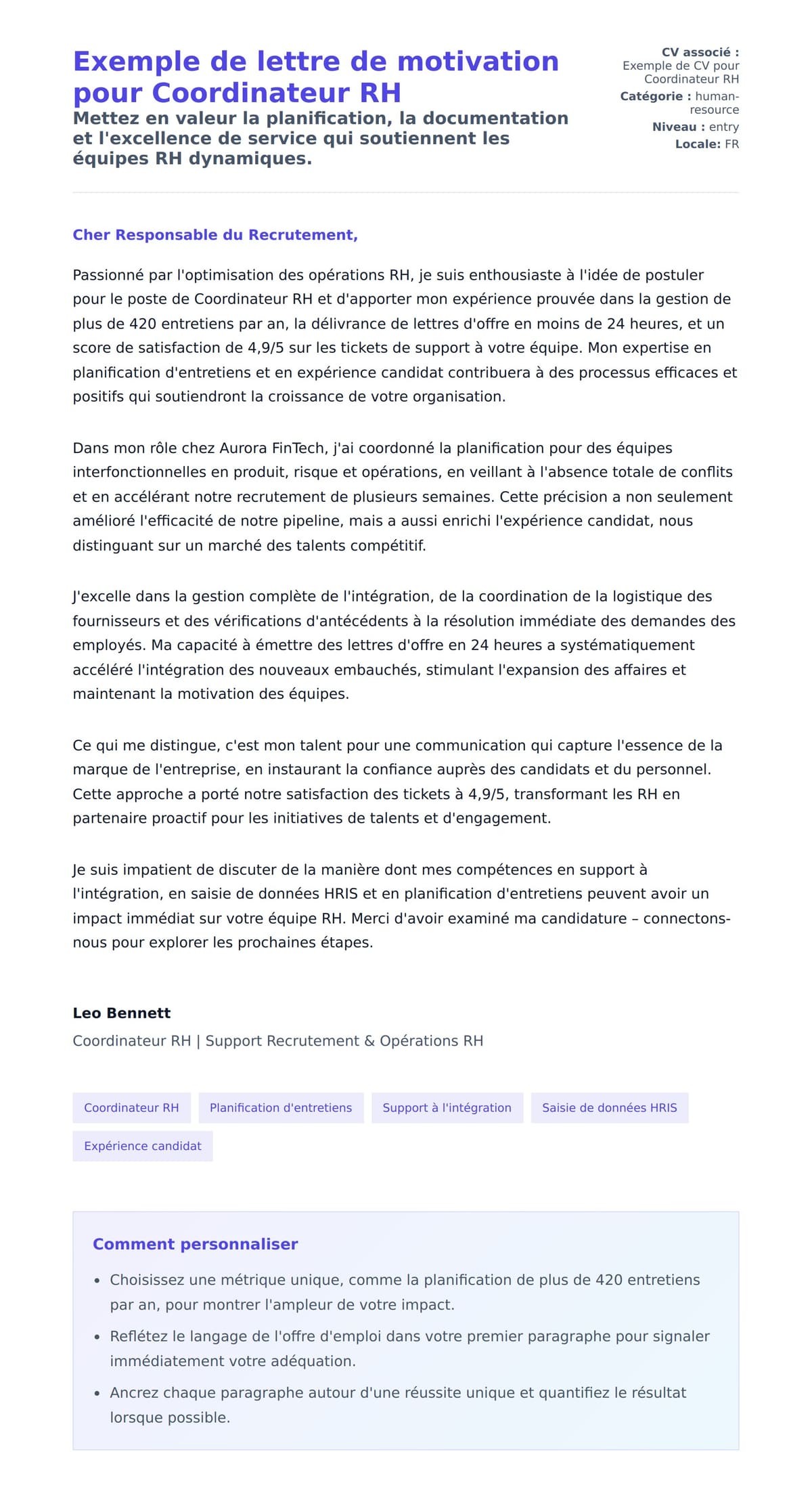 Aperçu de la lettre de motivation pour Exemple de lettre de motivation pour Coordinateur RH