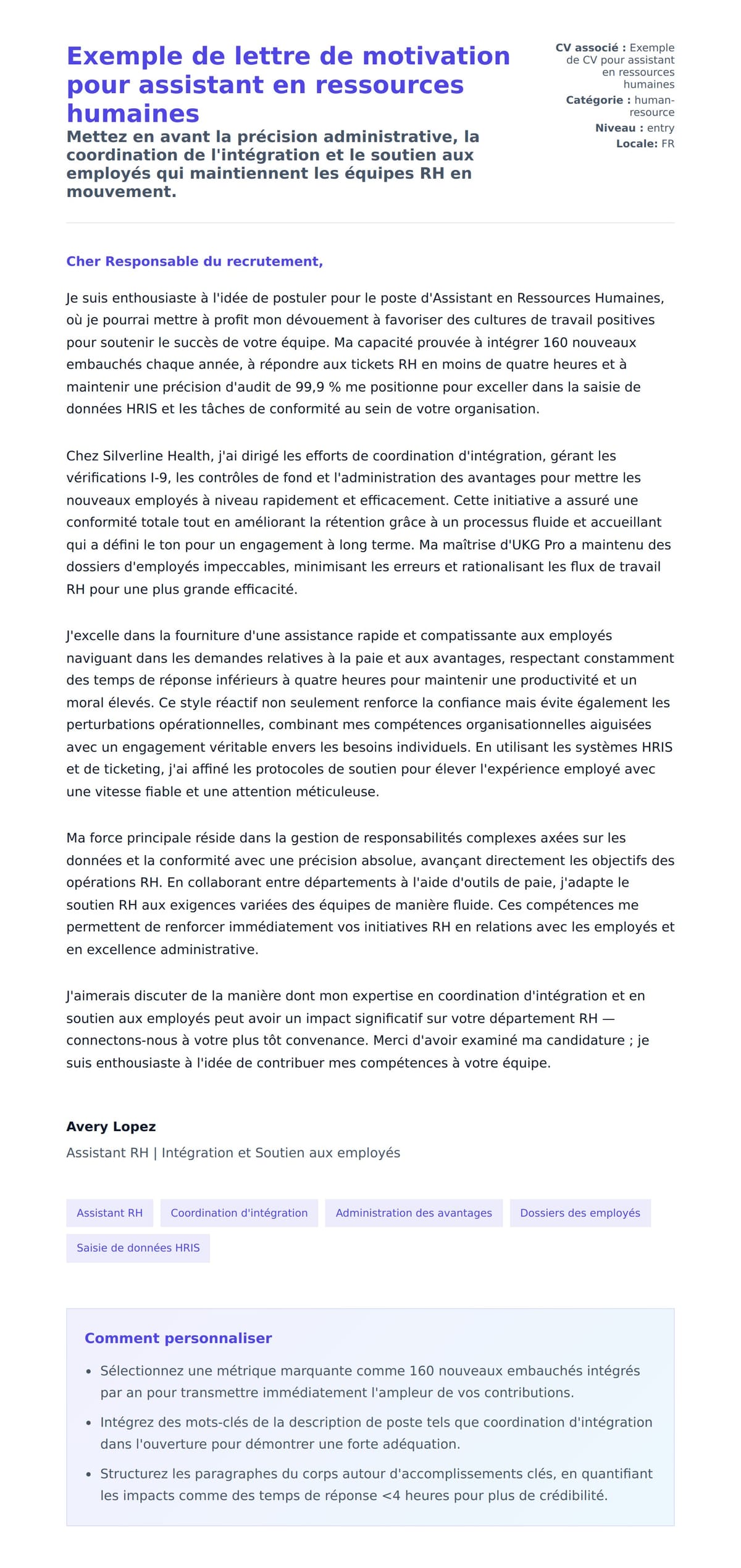 Aperçu de la lettre de motivation pour Exemple de lettre de motivation pour assistant en ressources humaines