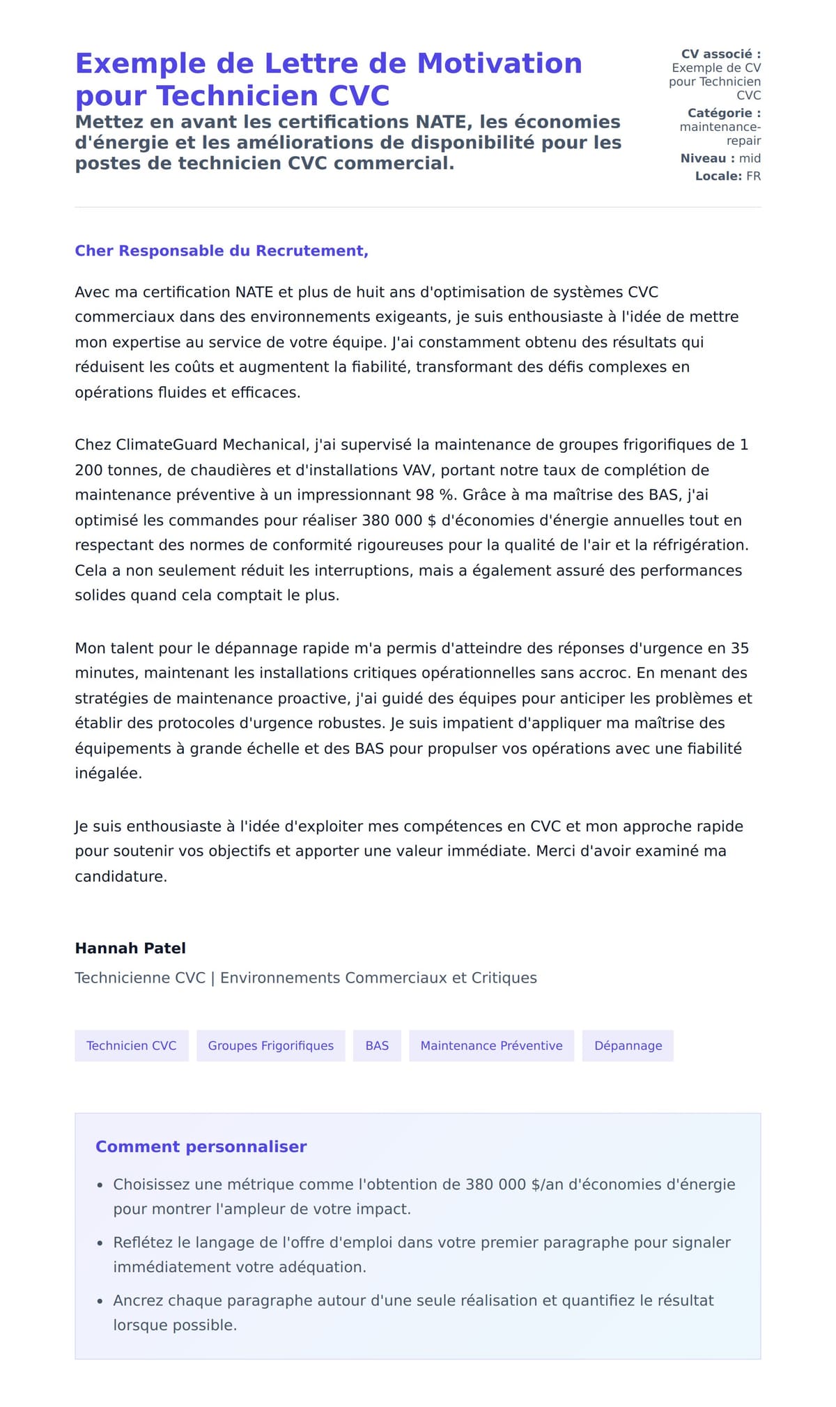 Aperçu de la lettre de motivation pour Exemple de Lettre de Motivation pour Technicien CVC