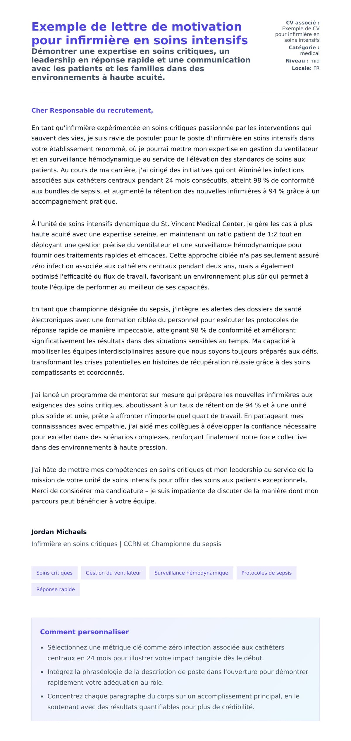 Aperçu de la lettre de motivation pour Exemple de lettre de motivation pour infirmière en soins intensifs