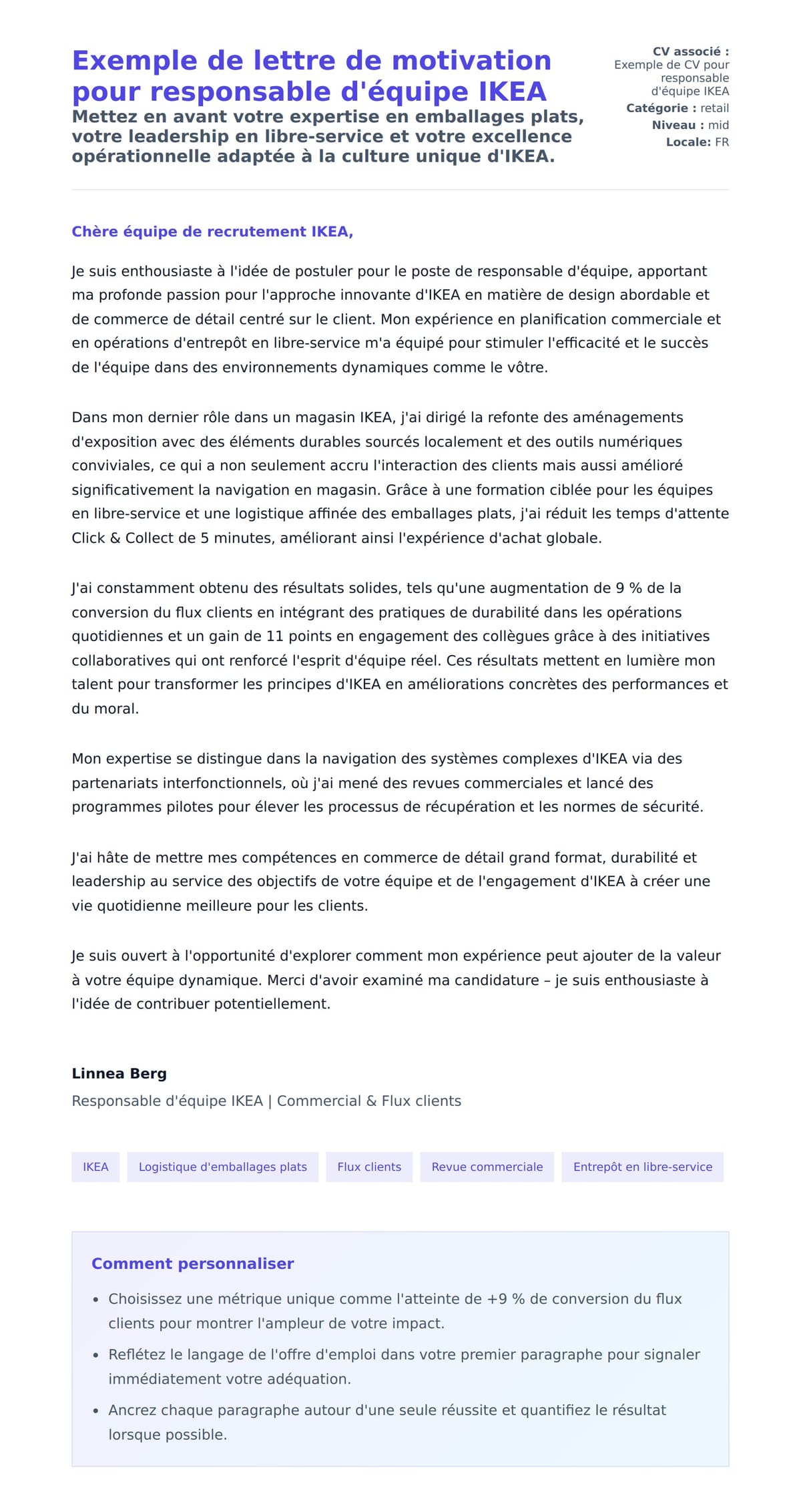 Aperçu de la lettre de motivation pour Exemple de lettre de motivation pour responsable d'équipe IKEA