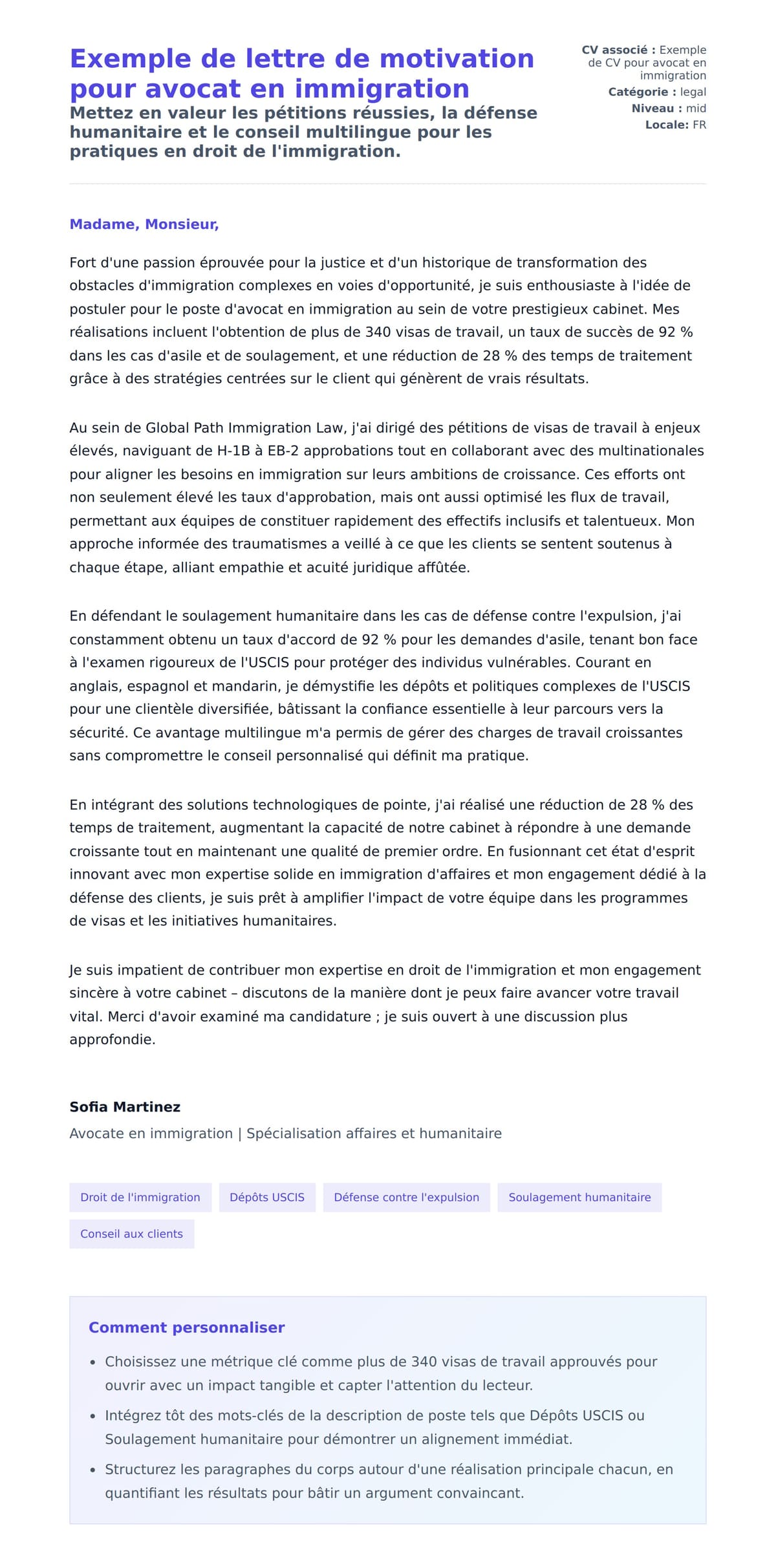 Aperçu de la lettre de motivation pour Exemple de lettre de motivation pour avocat en immigration