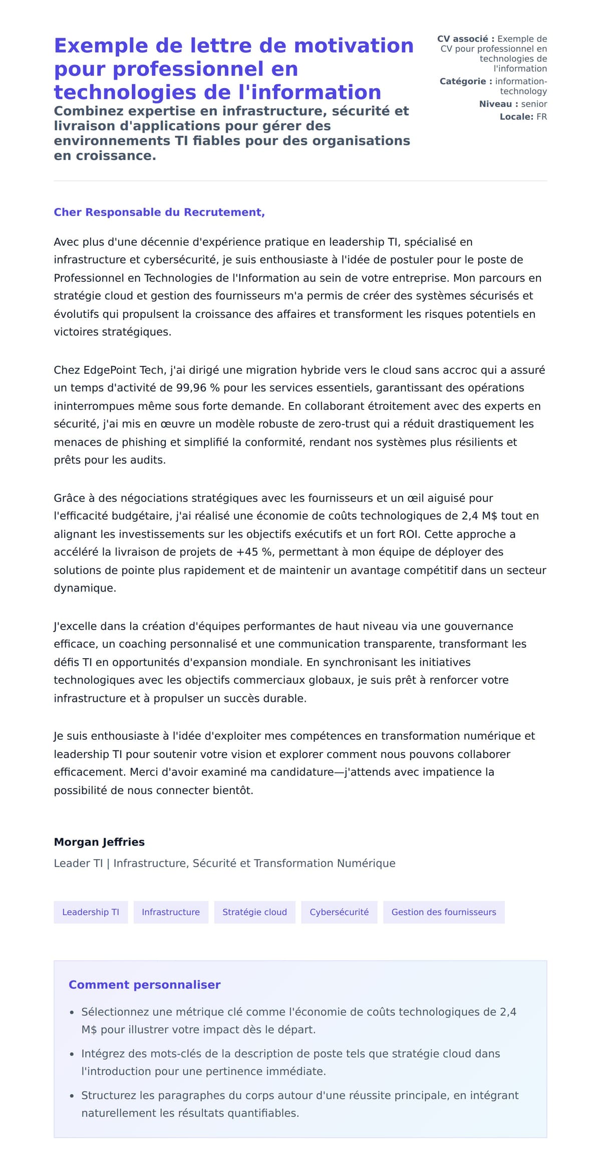 Aperçu de la lettre de motivation pour Exemple de lettre de motivation pour professionnel en technologies de l'information