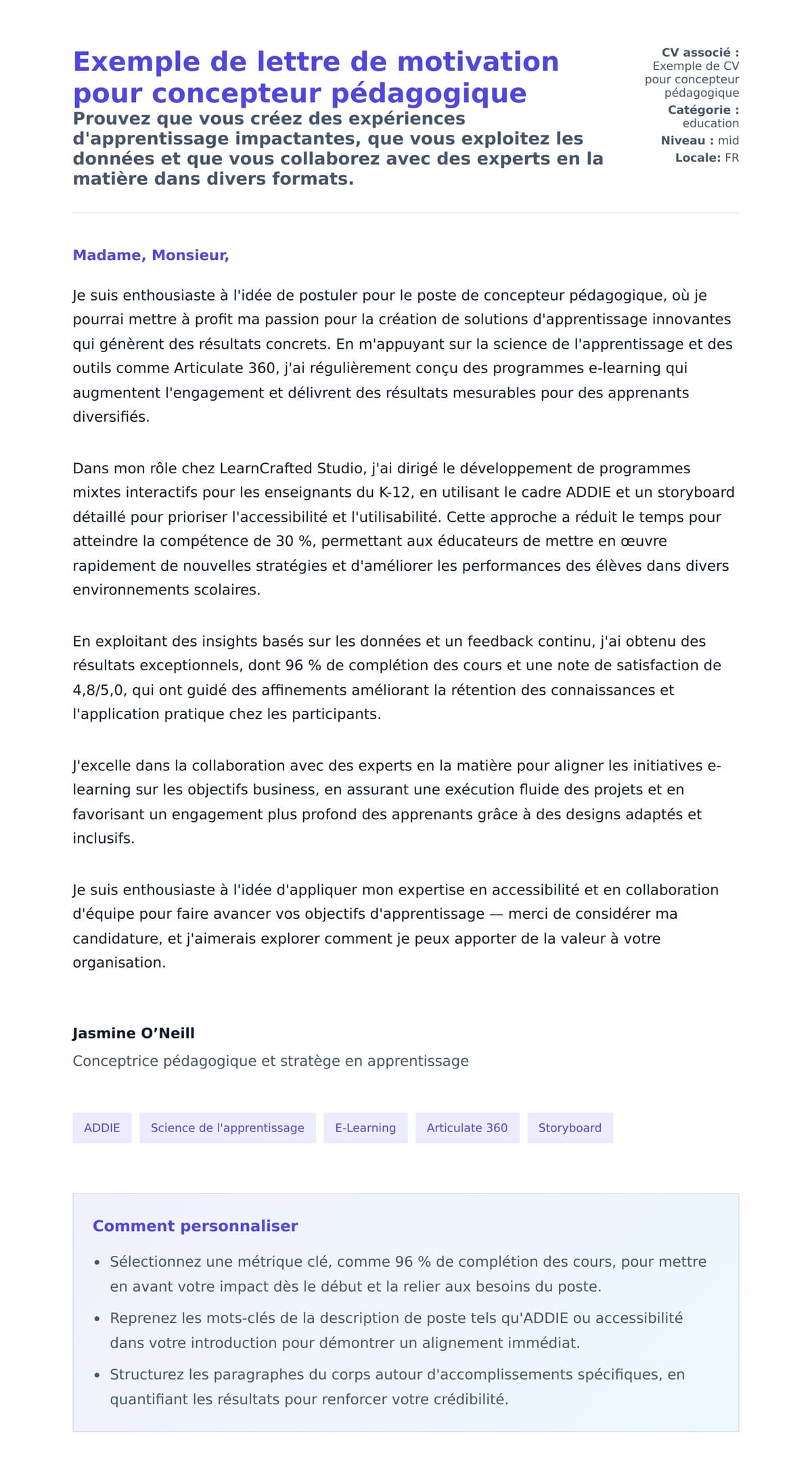 Aperçu de la lettre de motivation pour Exemple de lettre de motivation pour concepteur pédagogique