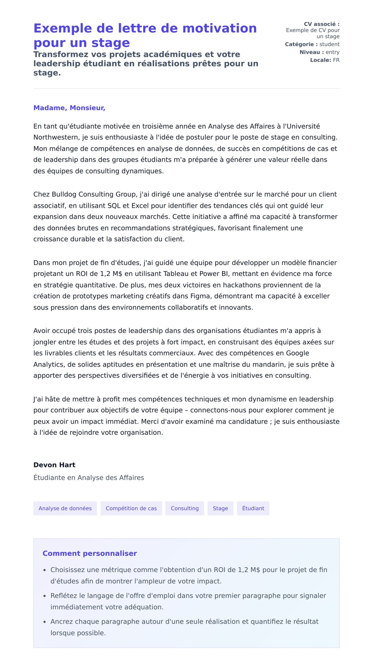 Aperçu de la lettre de motivation pour Exemple de lettre de motivation pour un stage