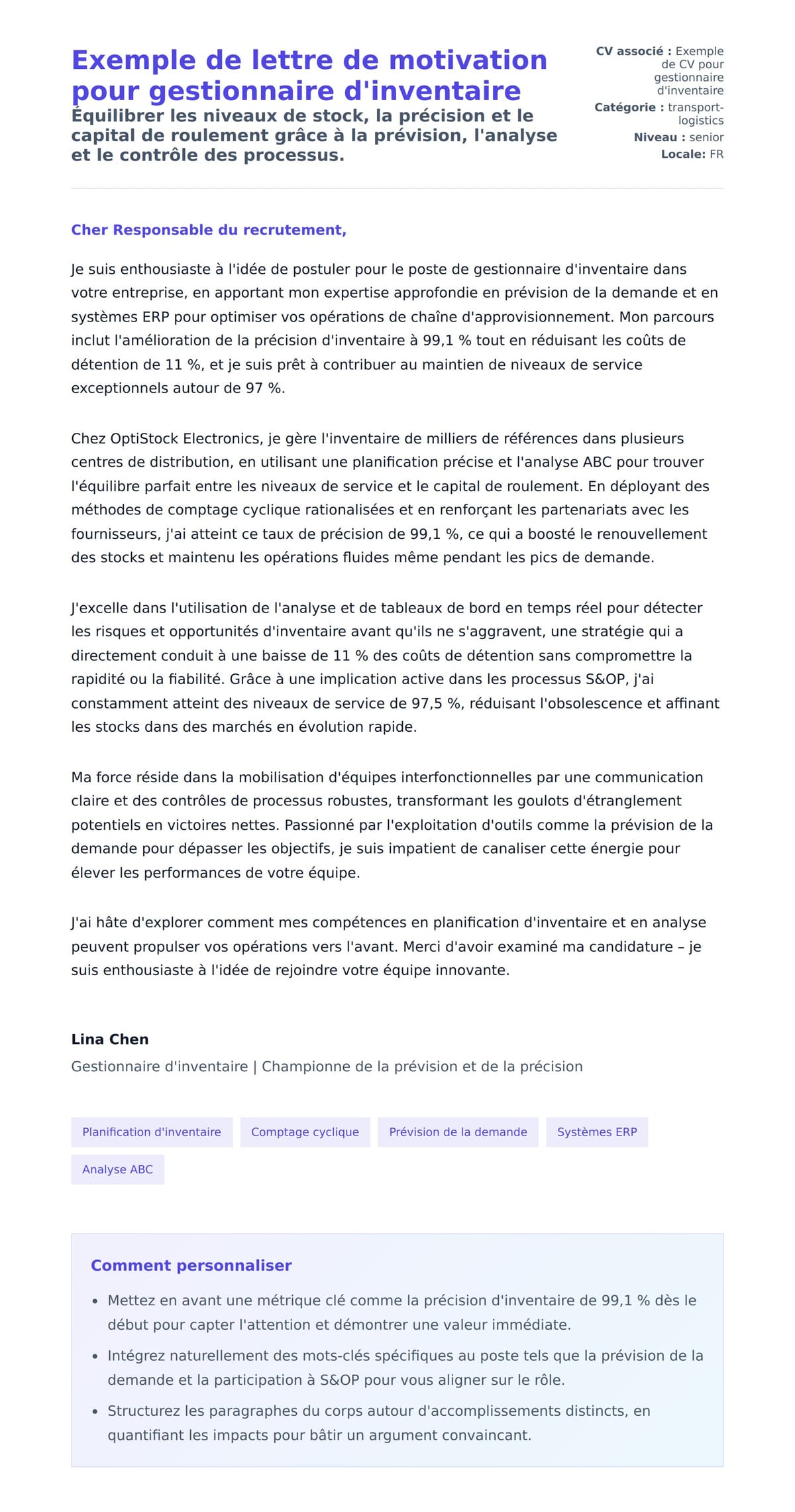 Aperçu de la lettre de motivation pour Exemple de lettre de motivation pour gestionnaire d'inventaire