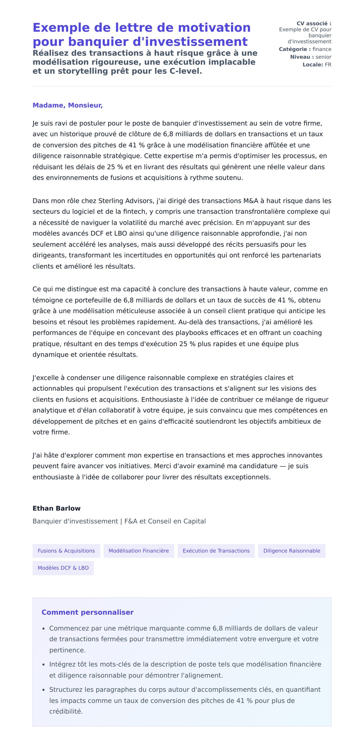 Aperçu de la lettre de motivation pour Exemple de lettre de motivation pour banquier d'investissement