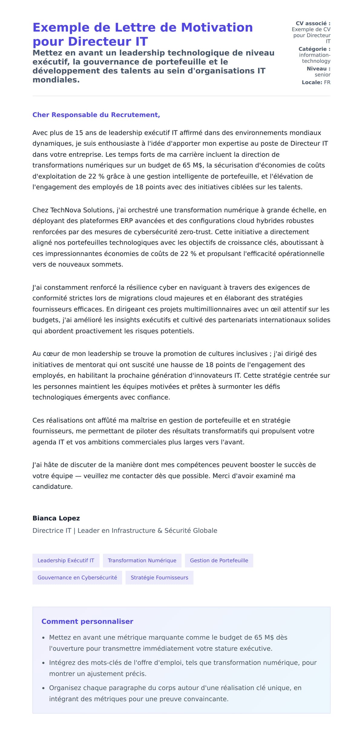 Aperçu de la lettre de motivation pour Exemple de Lettre de Motivation pour Directeur IT