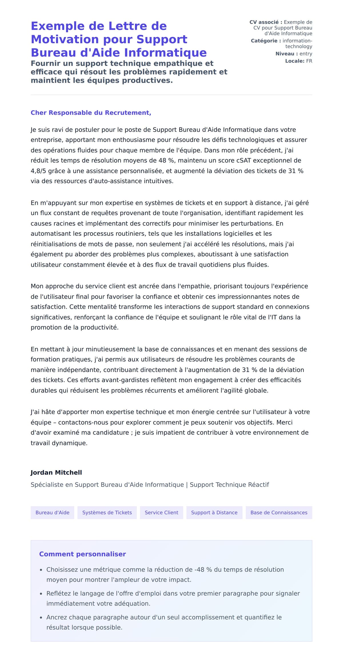 Aperçu de la lettre de motivation pour Exemple de Lettre de Motivation pour Support Bureau d'Aide Informatique